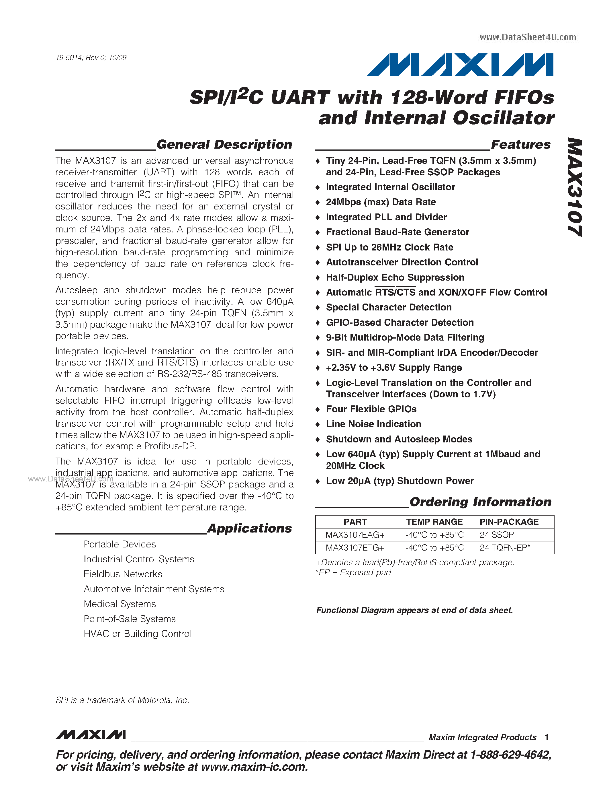 Datasheet MAX3107 - SPI/I2C UART page 1