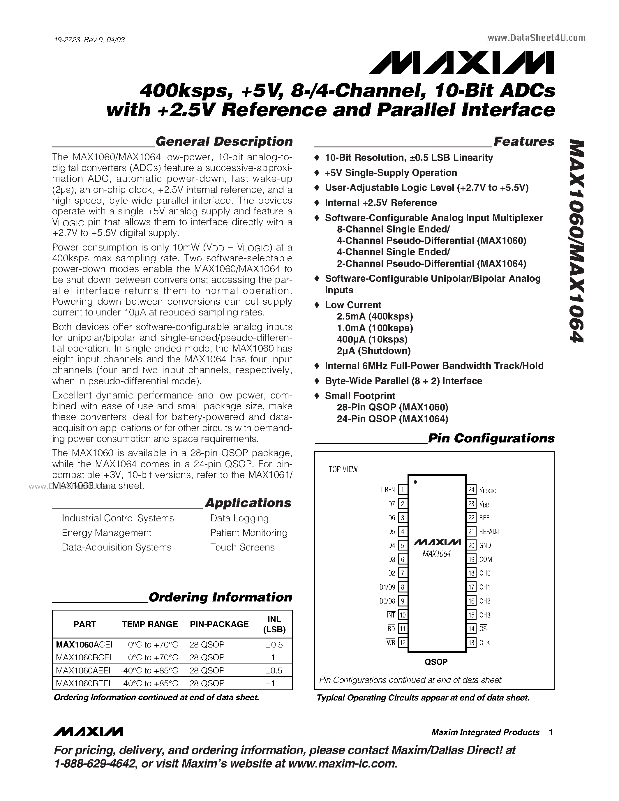 Даташит MAX1060 - (MAX1060 / MAX1064) 10-Bit ADCs страница 1