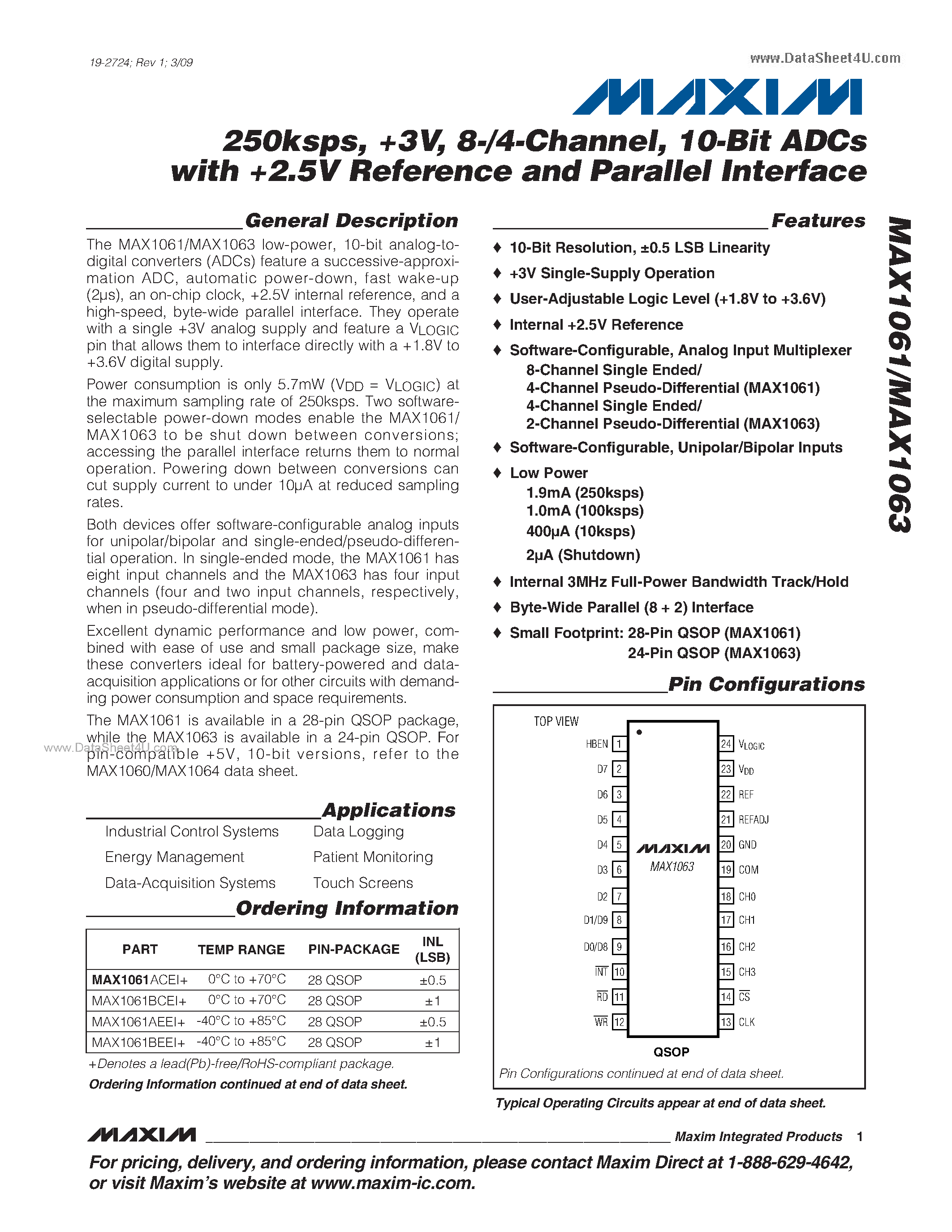 Даташит MAX1061 - (MAX1061 / MAX1063) 10-Bit ADCs страница 1