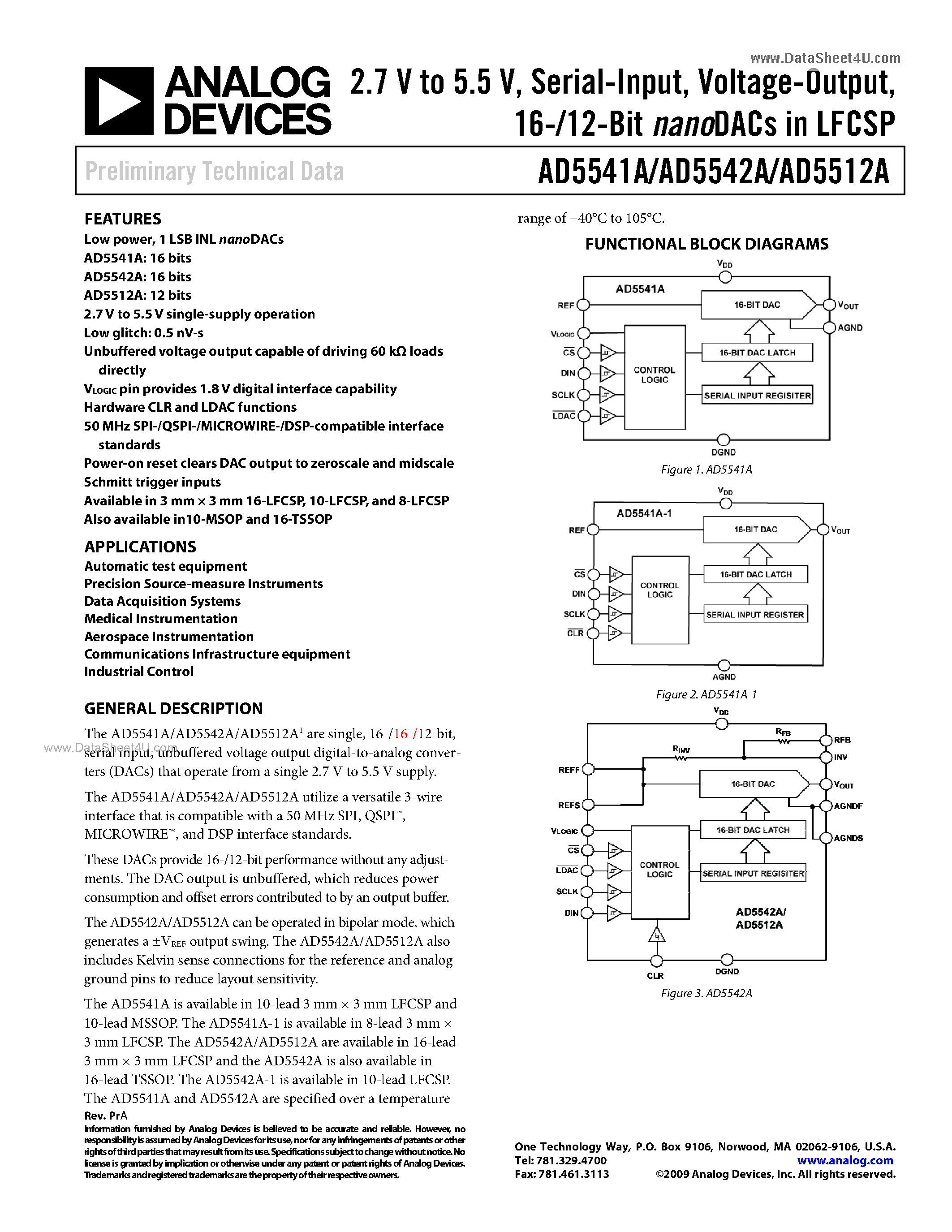Даташит AD5512A - (AD5512A - AD5542A) 16-/12-Bit NanoDAC страница 1