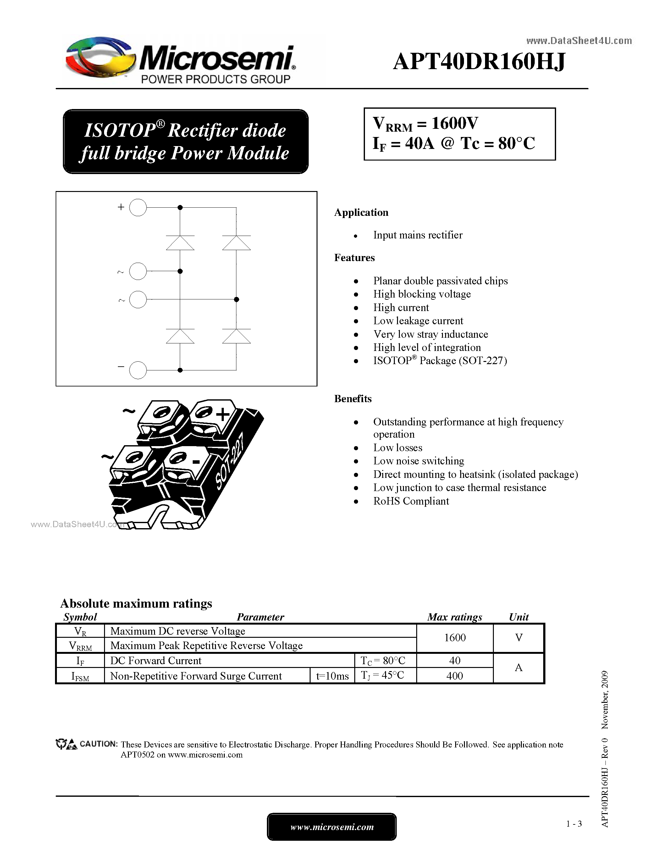 Datasheet APT40DR160HJ page 1 Datasheet APT40DR160HJ - Schottky Diode page 1