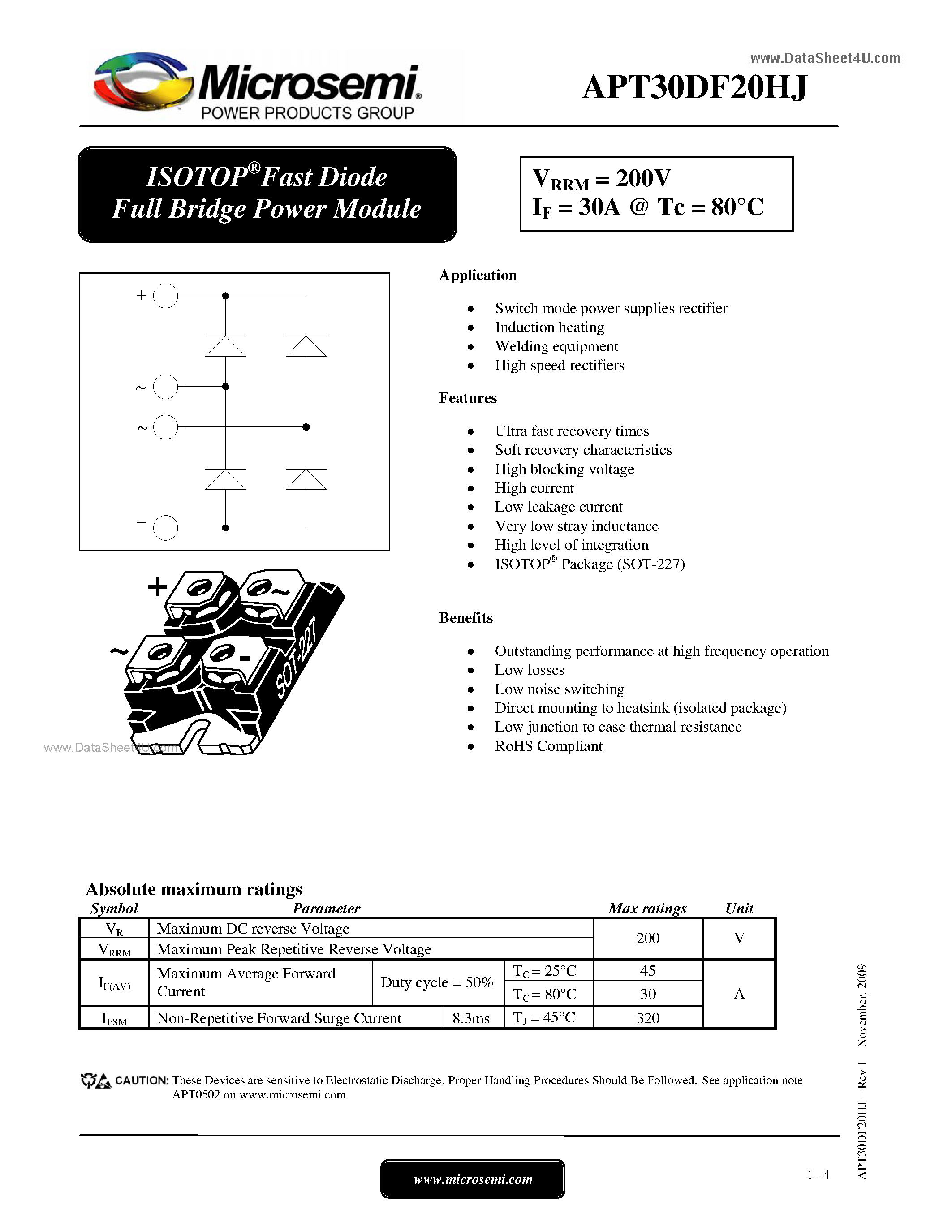 Datasheet APT30DF20HJ - Fast Diode Full Bridge Power Module page 1