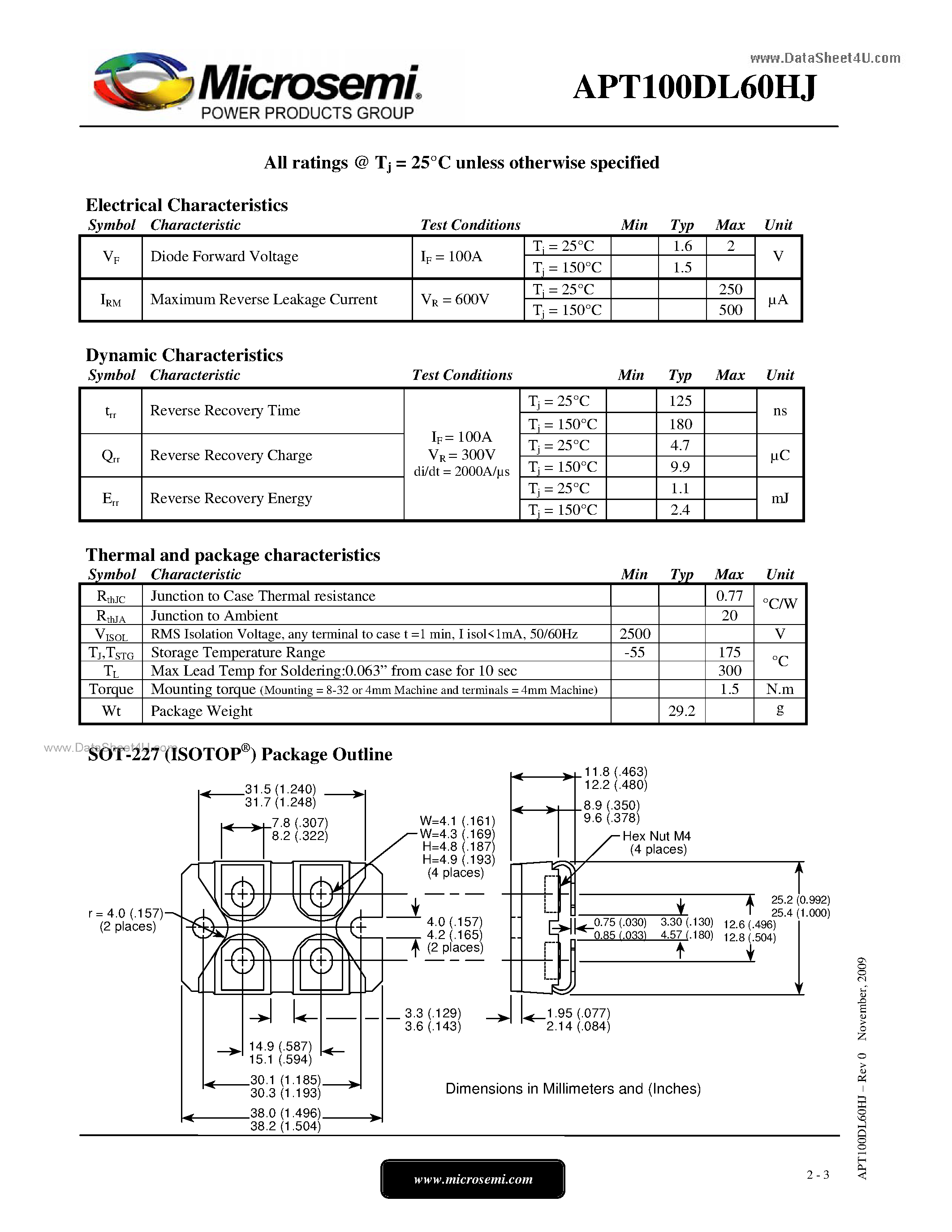 Datasheet APT100DL60HJ page 2 Datasheet APT100DL60HJ - Fast Diode Full Bridge Power Module page 2