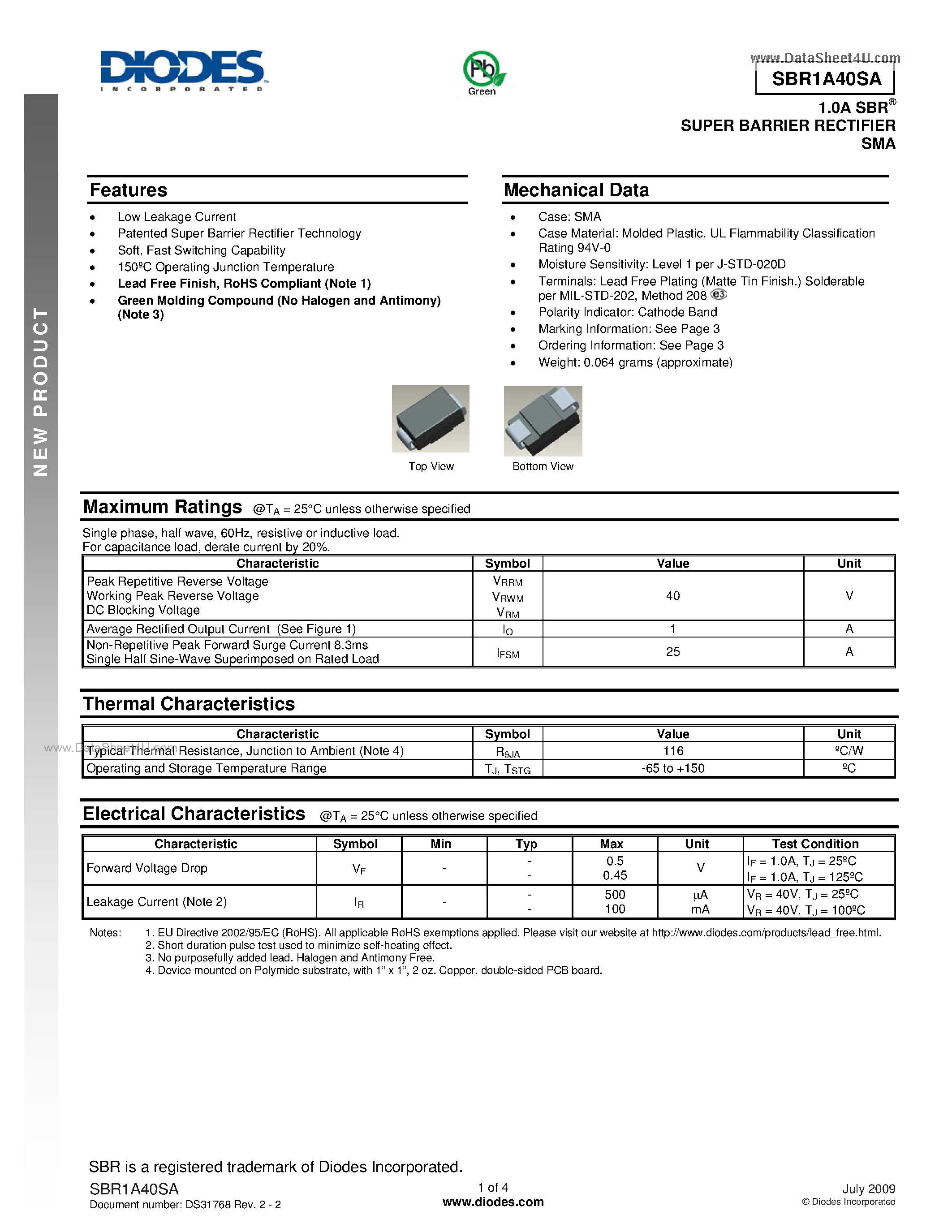 Datasheet SBR1A40SA page 1 Datasheet SBR1A40SA - 1.0A SBR SUPER BARRIER RECTIFIER SMA page 1