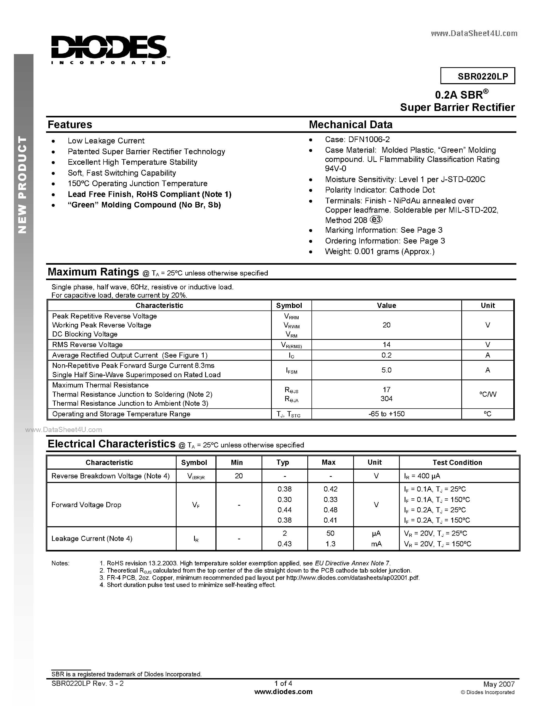Datasheet SBR0220LP page 1 Datasheet SBR0220LP - Super Barrier Rectifier page 1