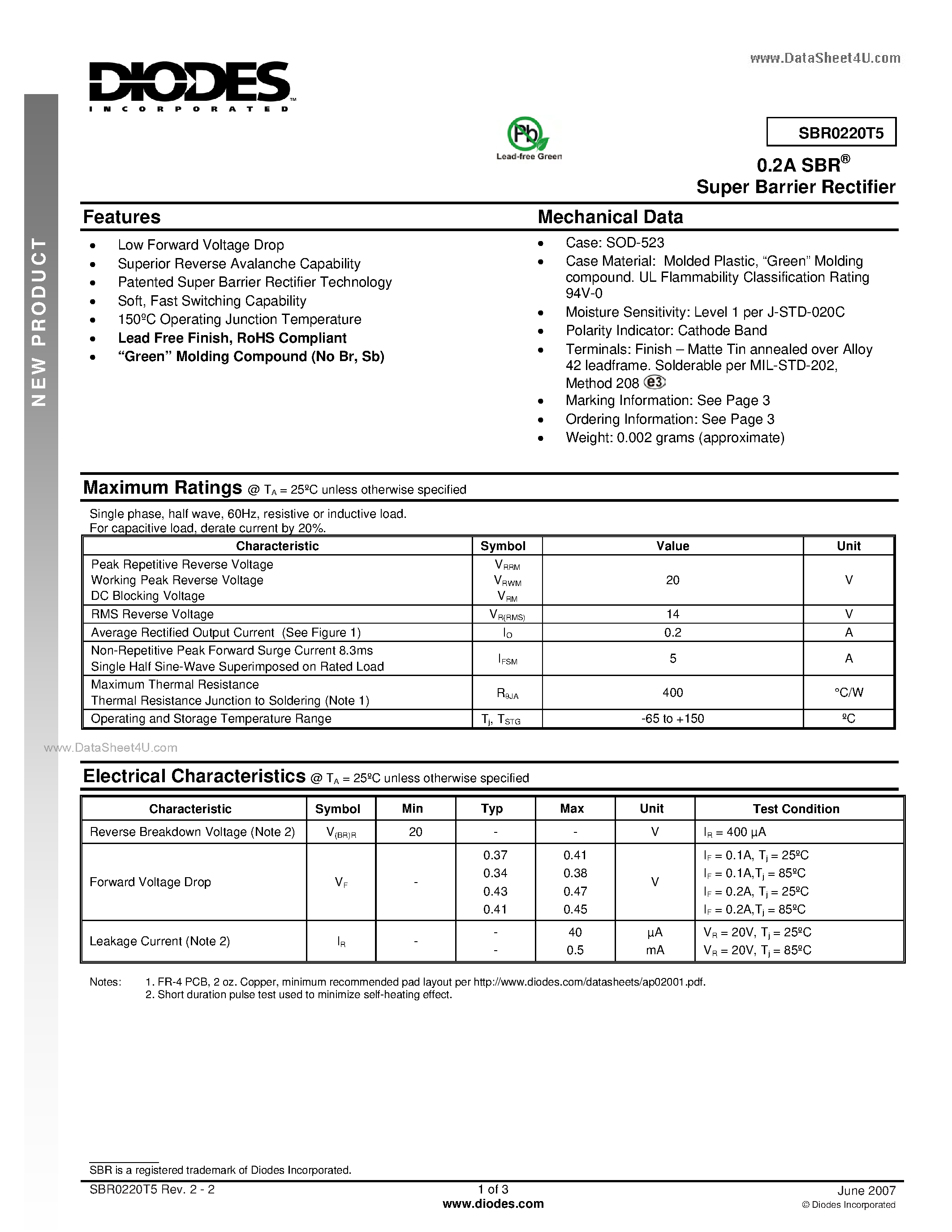 Datasheet SBR0220T5 page 1 Datasheet SBR0220T5 - Super Barrier Rectifier page 1