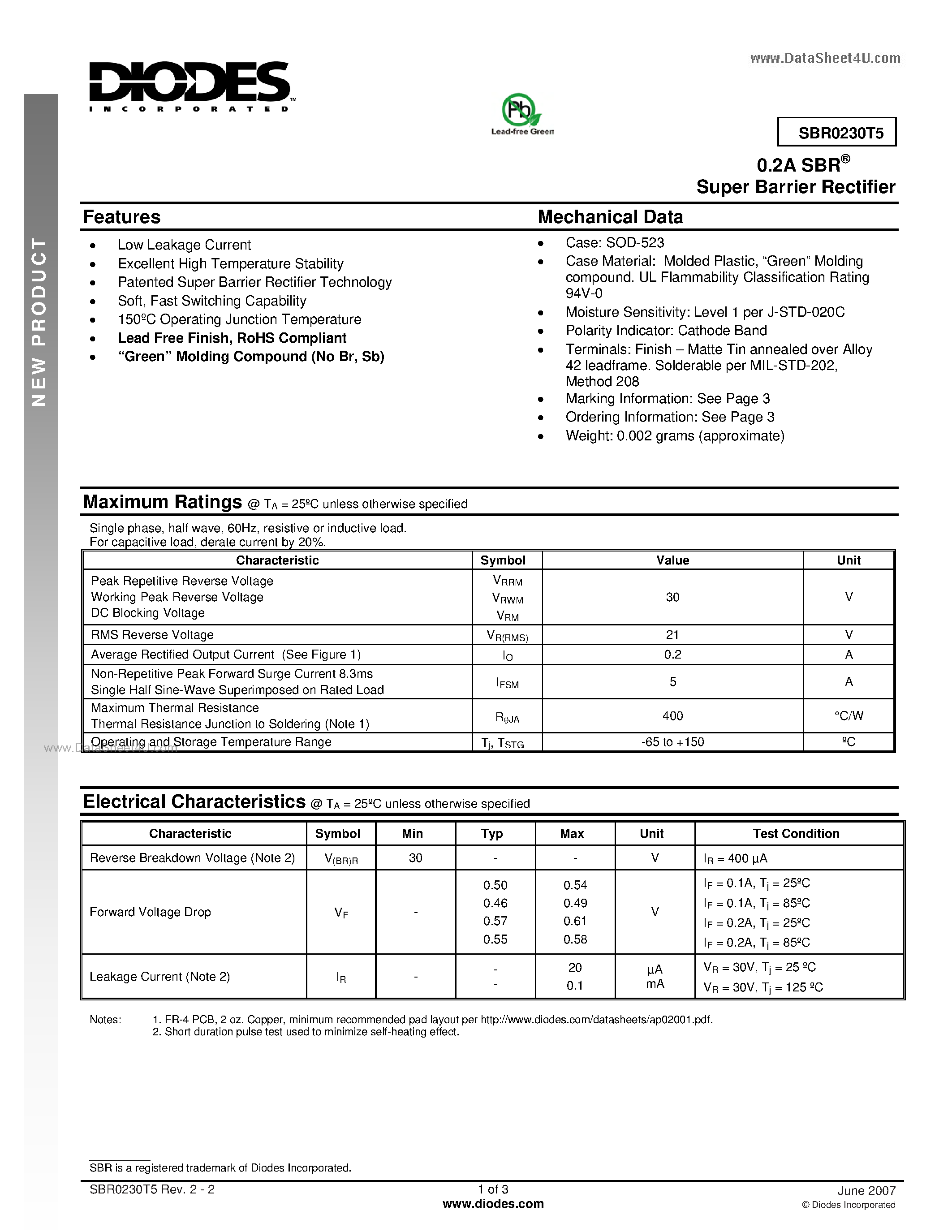 Datasheet SBR0230T5 page 1 Datasheet SBR0230T5 - Super Barrier Rectifier page 1