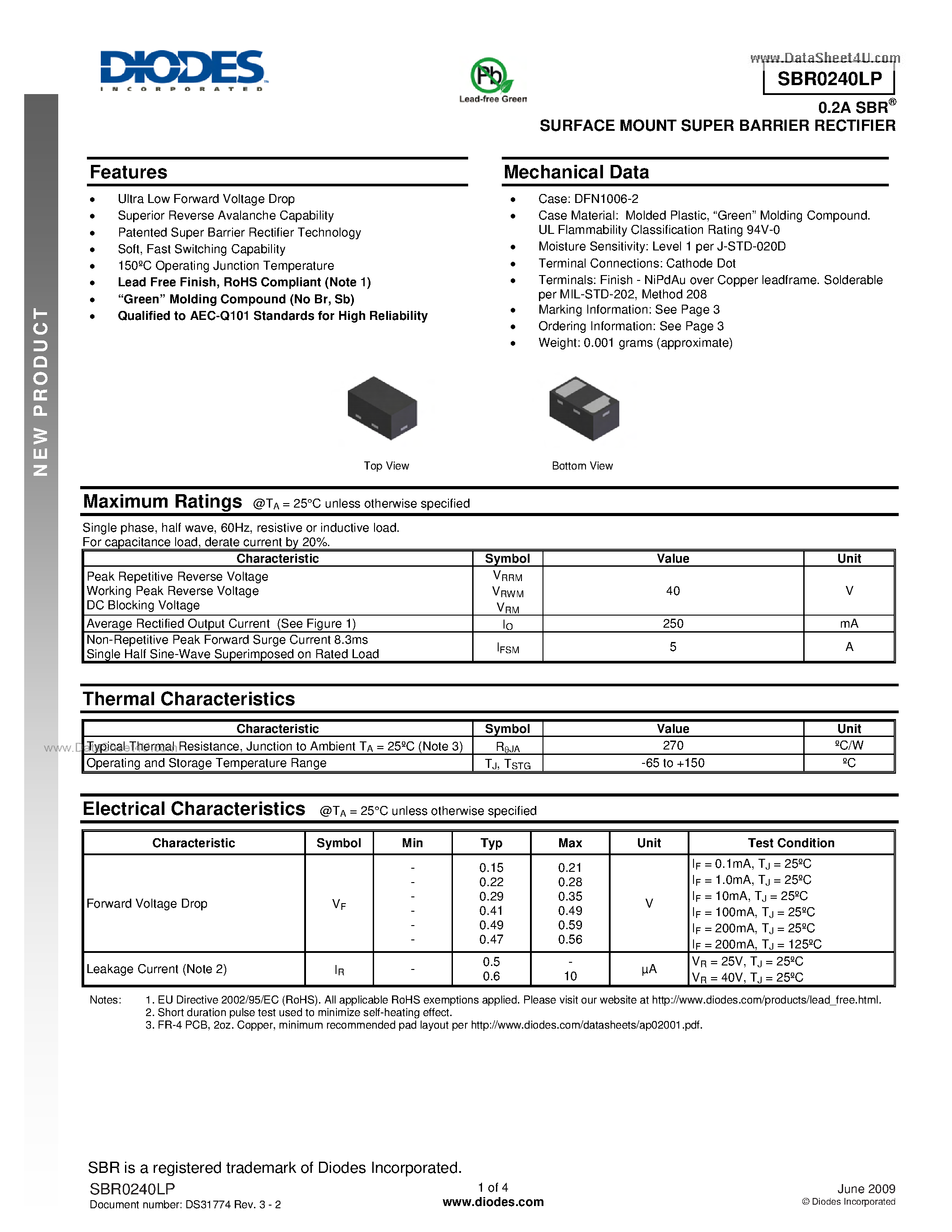Datasheet SBR0240LP - Super Barrier Rectifier page 1
