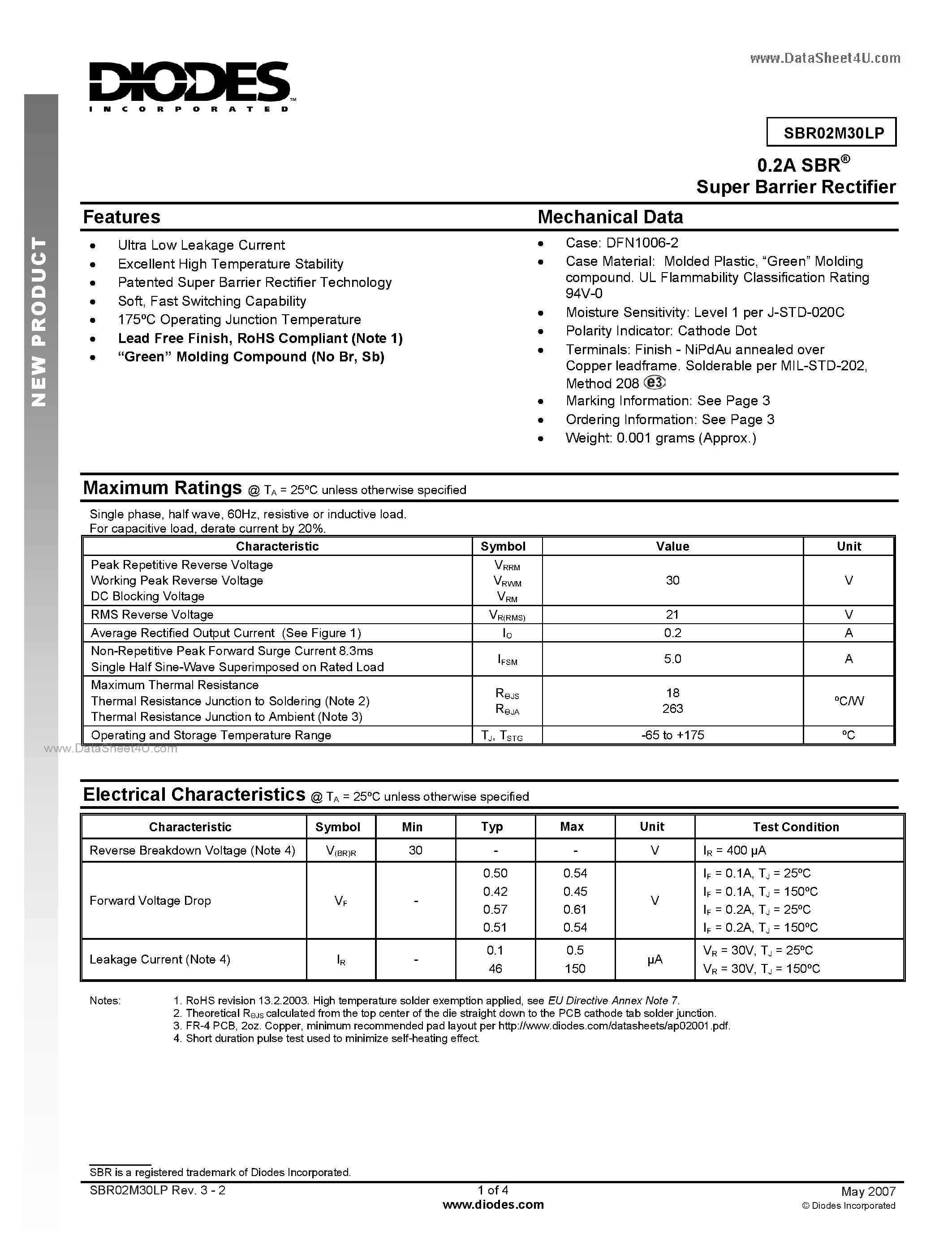 Datasheet SBR02M30LP - Super Barrier Rectifier page 1