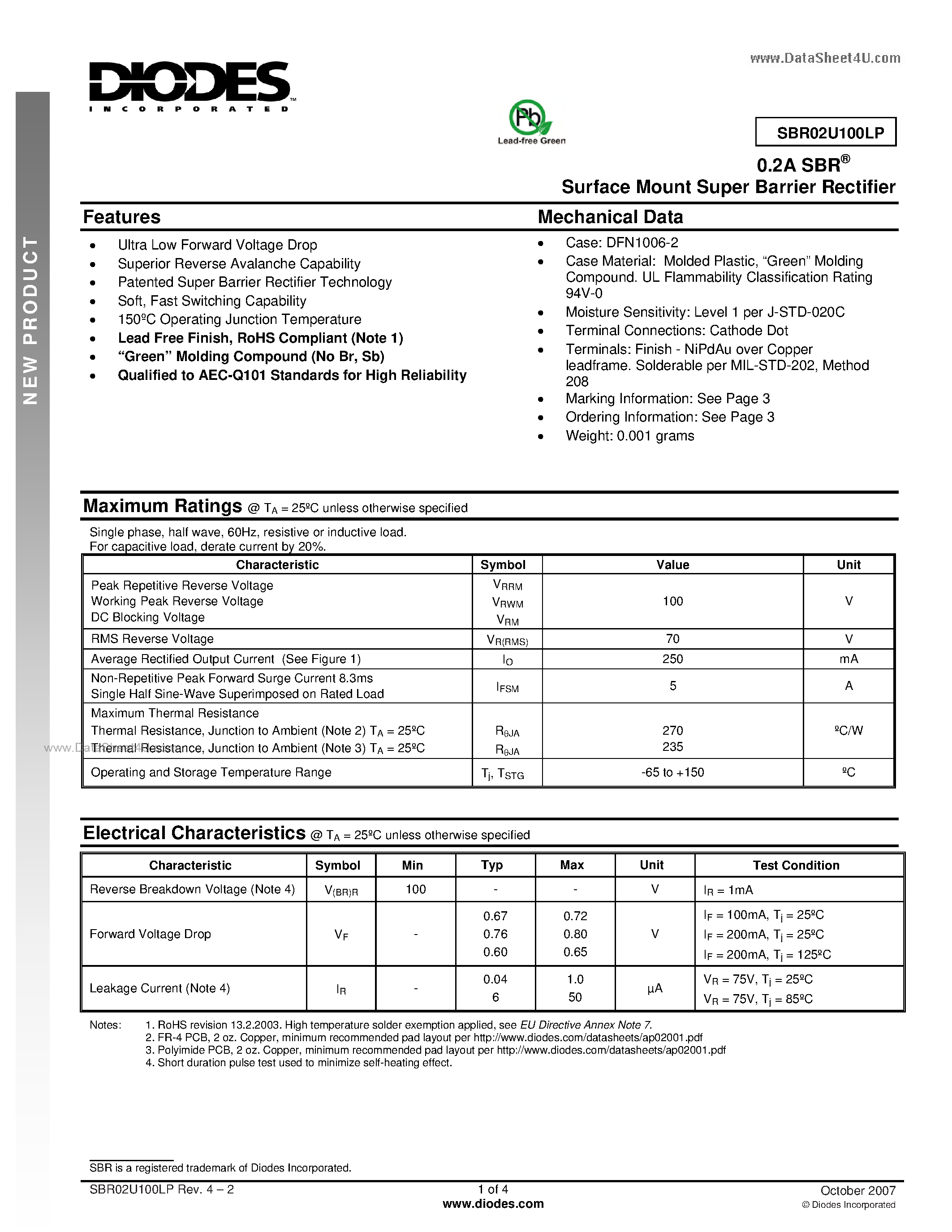 Datasheet SBR02U100LP - Super Barrier Rectifier page 1