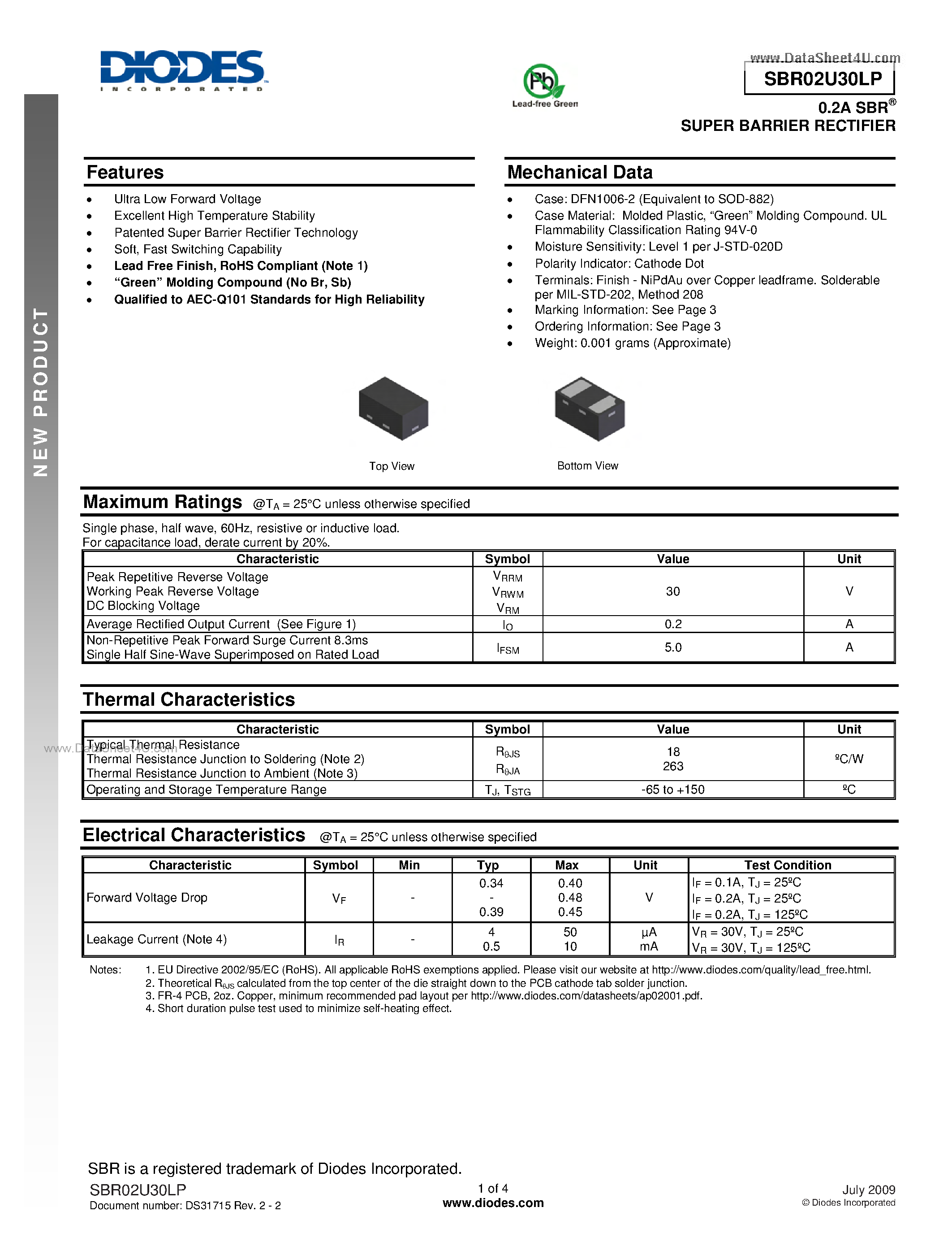 Datasheet SBR02U30LP - Super Barrier Rectifier page 1