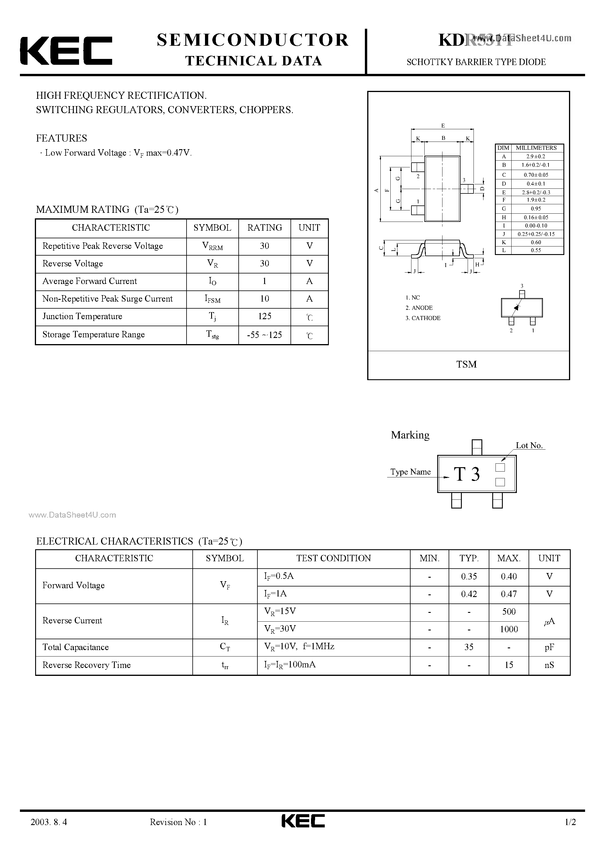 Даташит на микросхему KDR531T страница 1 Даташит KDR531T - SCHOTTKY BARRIER TYPE DIODE страница 1