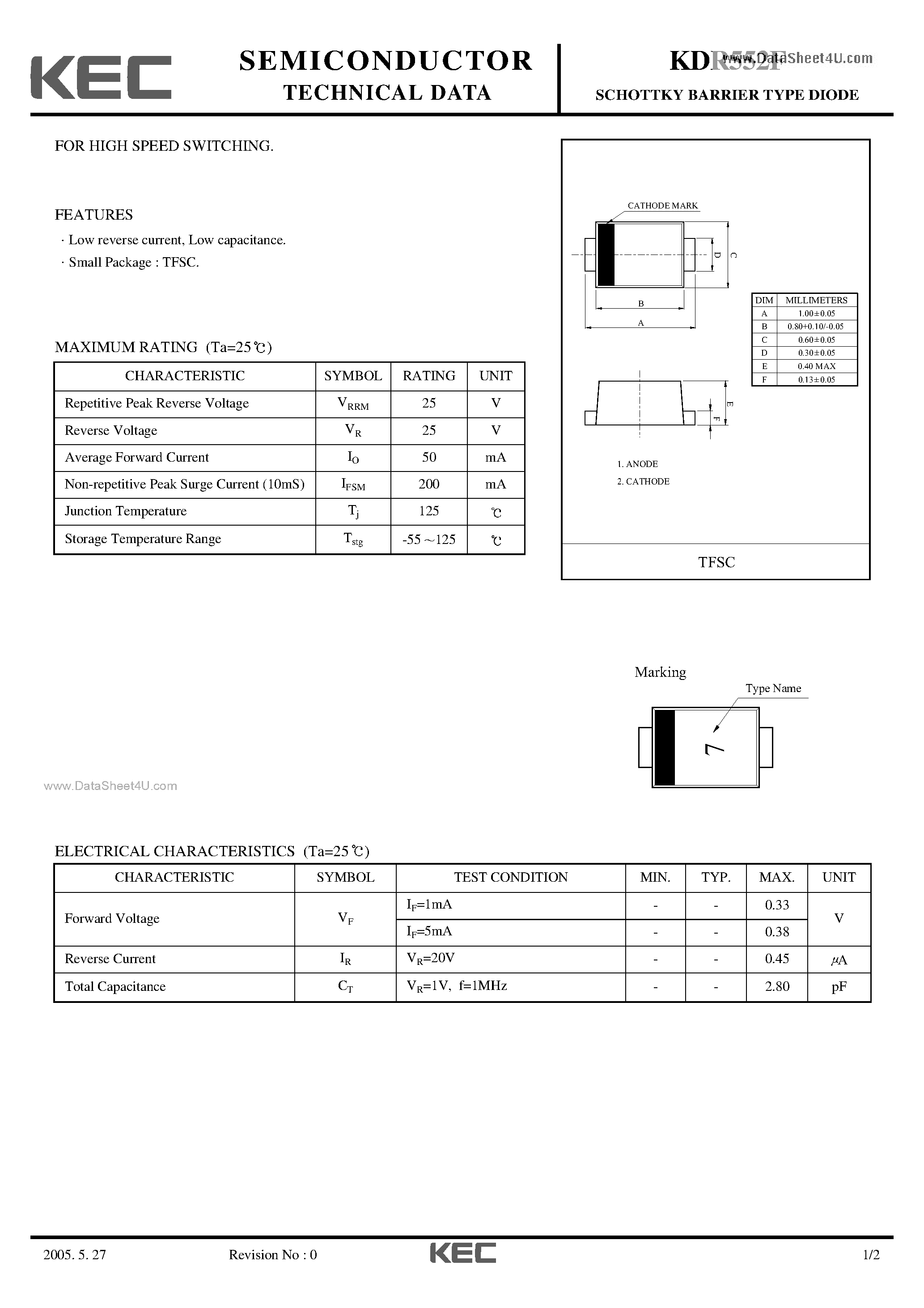 Даташит на микросхему KDR552F страница 1 Даташит KDR552F - HIGH SPEED SWITCHING страница 1