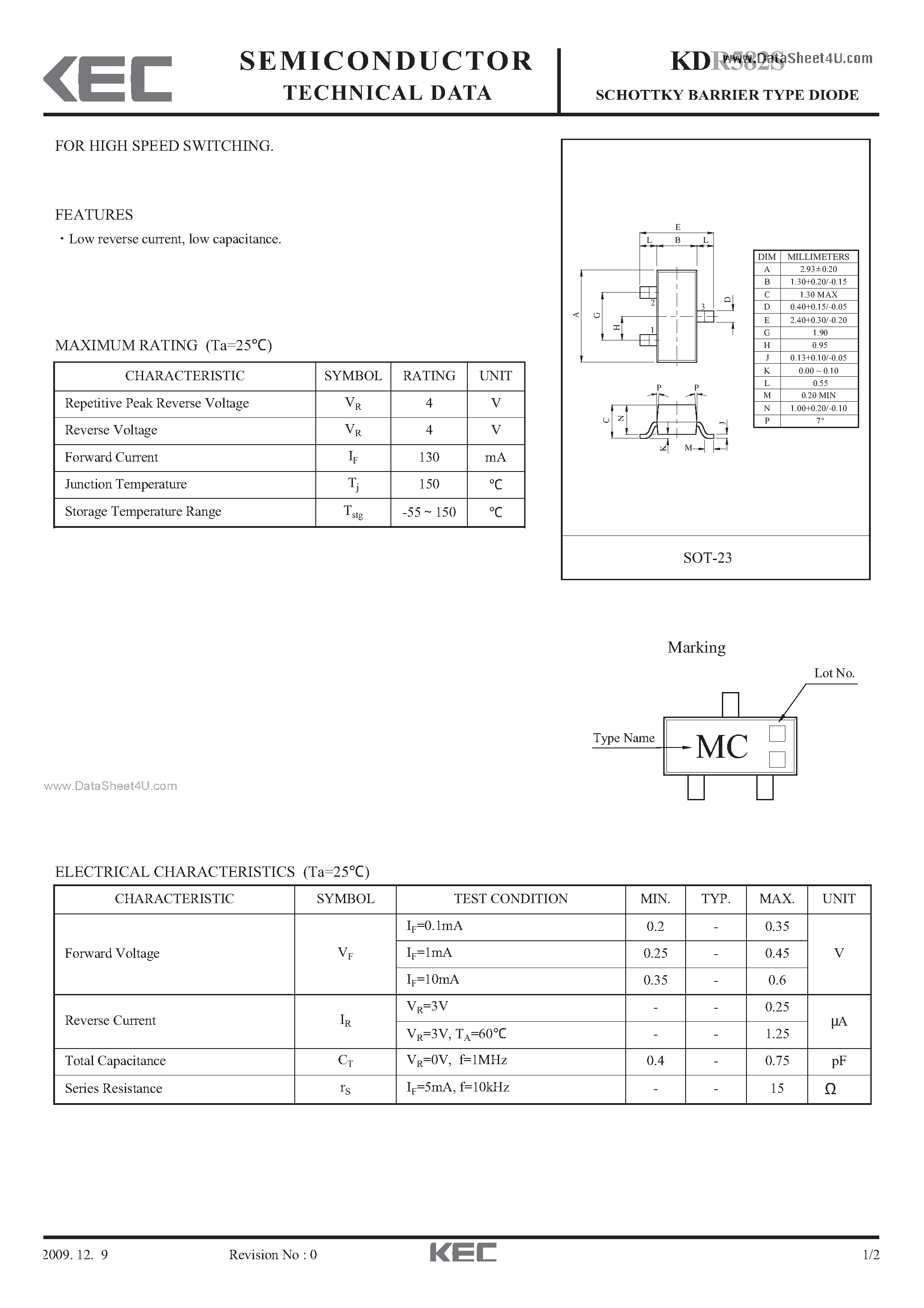 Даташит на микросхему KDR582S страница 1 Даташит KDR582S - SCHOTTKY BARRIER TYPE DIODE страница 1