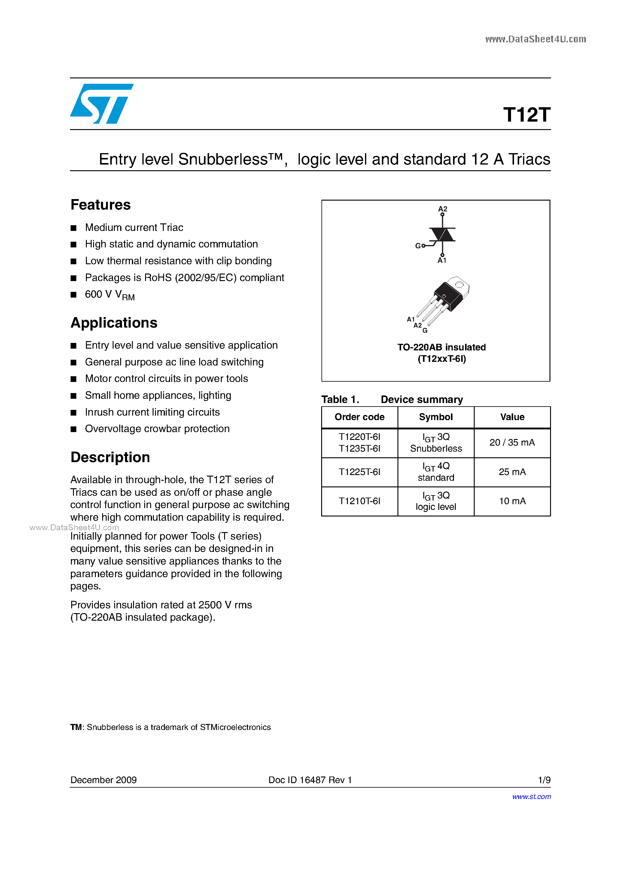 Datasheet T12T page 1 Datasheet T12T - logic level and standard 12A Triacs page 1