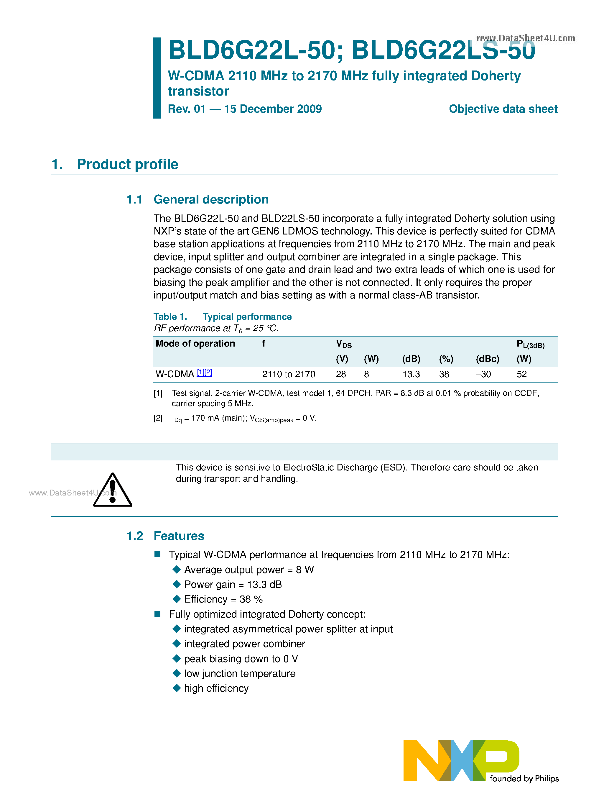 Даташит на микросхему BLD6G22L-50 страница 1 Даташит BLD6G22L-50 - W-CDMA 2110 MHz To 2170 MHz Fully Integrated Doherty Transistor страница 1