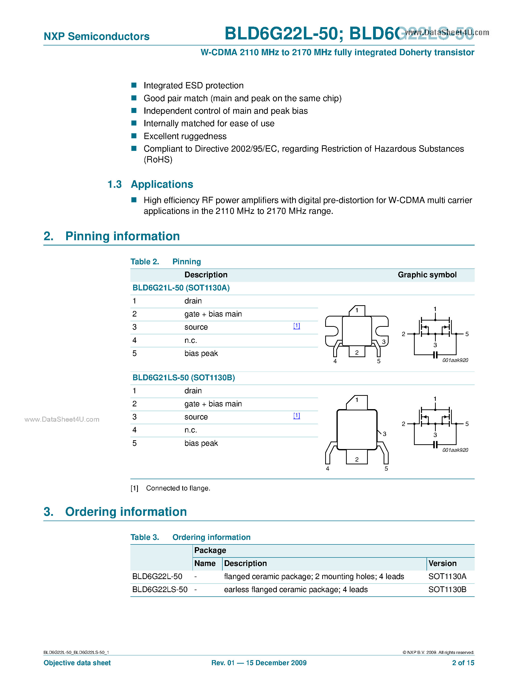 Даташит на микросхему BLD6G22L-50 страница 2 Даташит BLD6G22L-50 - W-CDMA 2110 MHz To 2170 MHz Fully Integrated Doherty Transistor страница 2