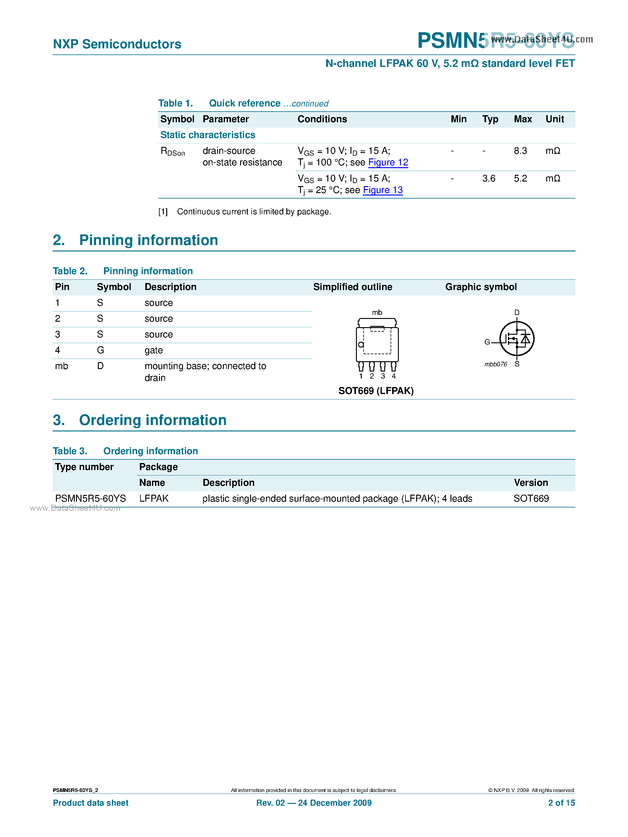 Даташит на микросхему PSMN5R5-60YS страница 2 Даташит PSMN5R5-60YS - Standard Level FET страница 2