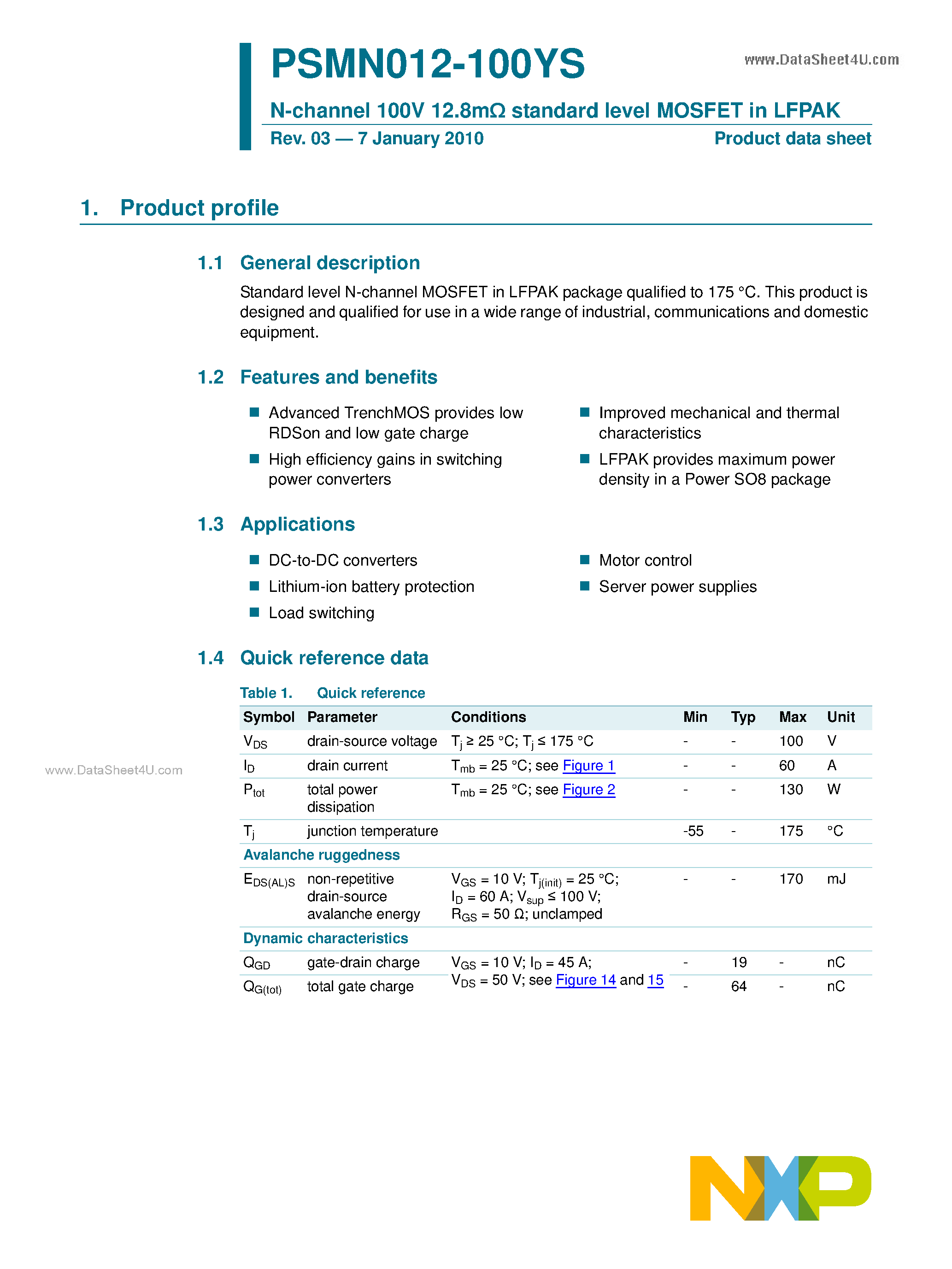 Даташит на микросхему PSMN012-100YS страница 1 Даташит PSMN012-100YS - Standard Level MOSFET страница 1