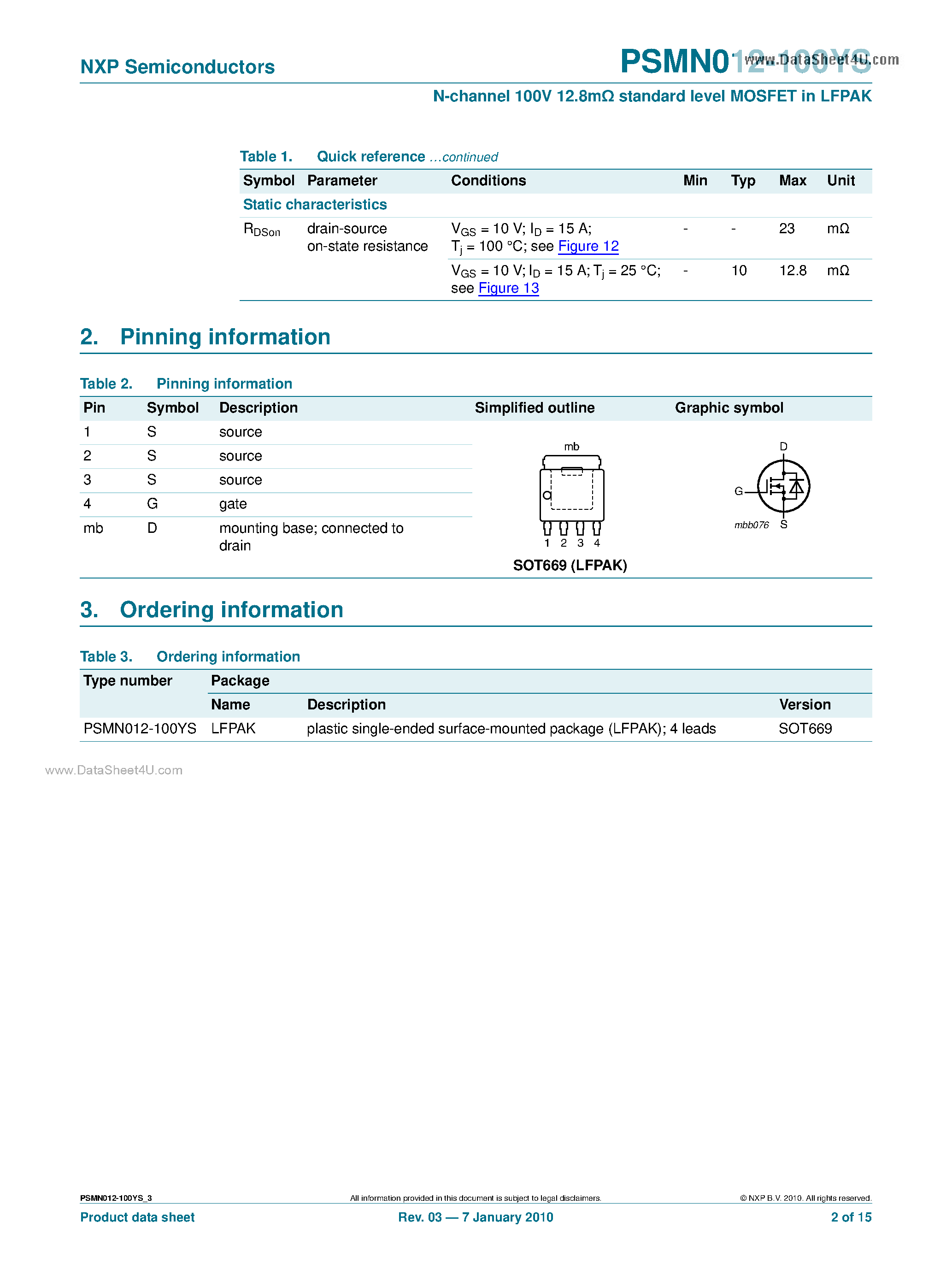 Даташит на микросхему PSMN012-100YS страница 2 Даташит PSMN012-100YS - Standard Level MOSFET страница 2
