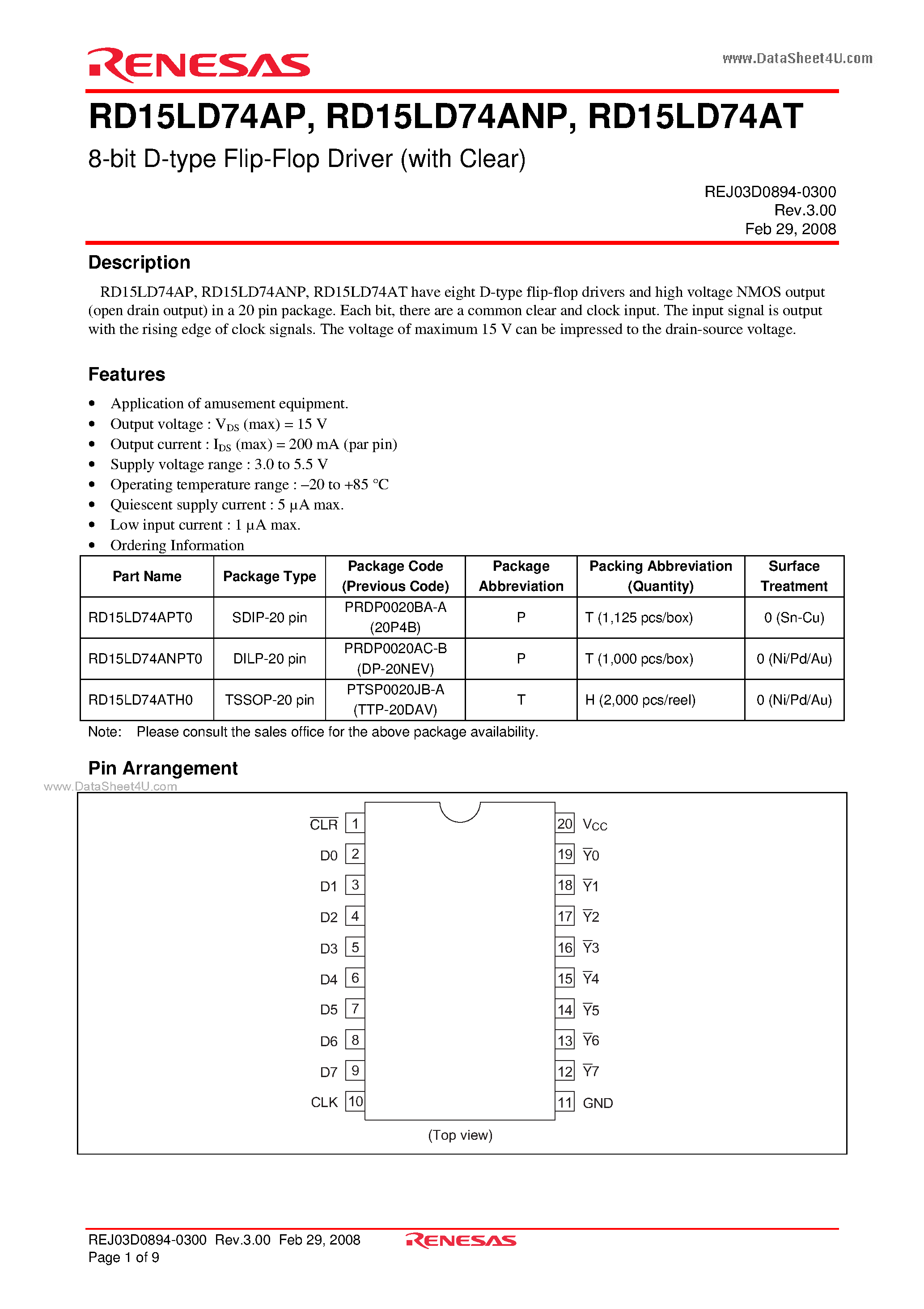Datasheet RD15LD74ANP page 1 Datasheet RD15LD74ANP - 8-bit D-type Flip-Flop Driver page 1