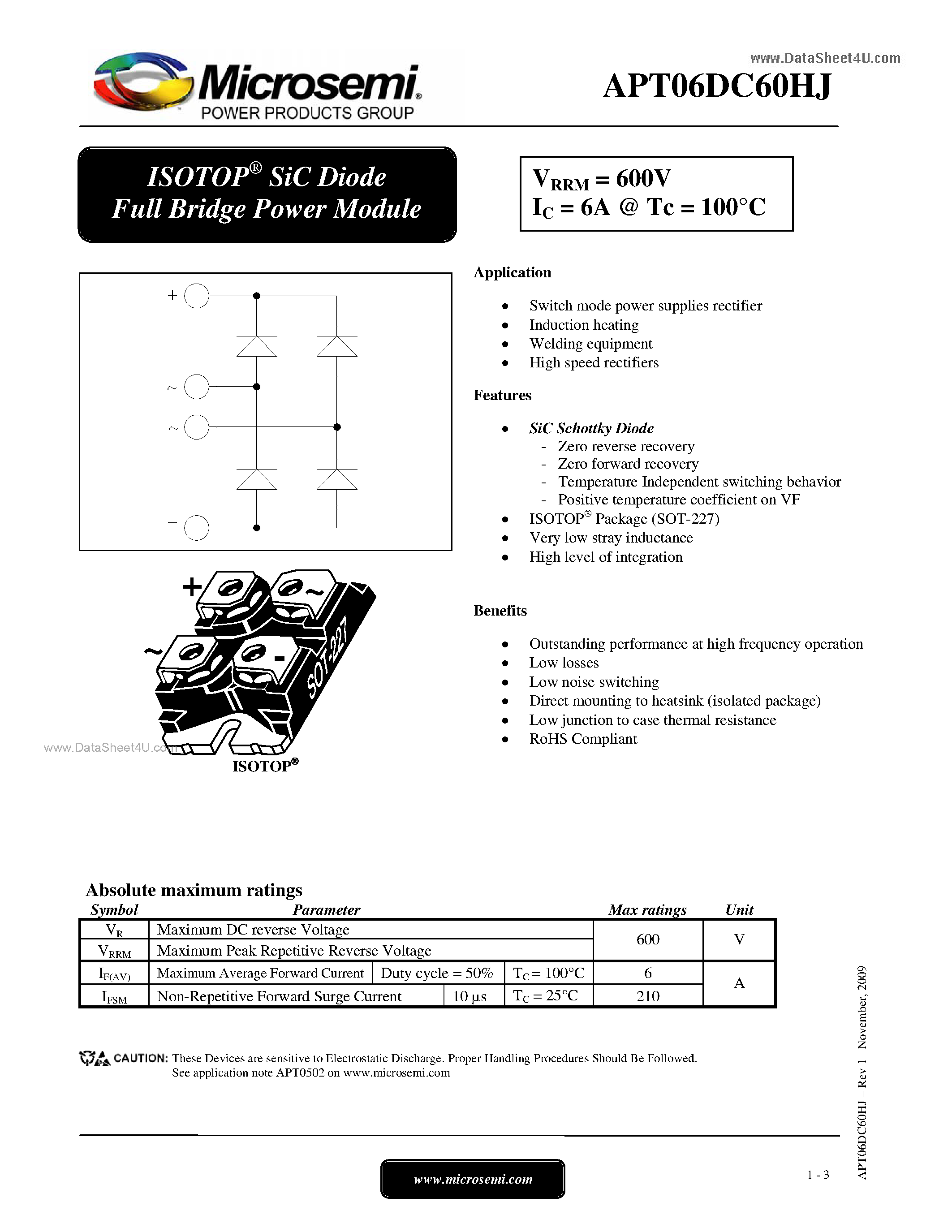 Datasheet APT06DC60HJ page 1 Datasheet APT06DC60HJ - SiC Diode Full Bridge Power Module page 1