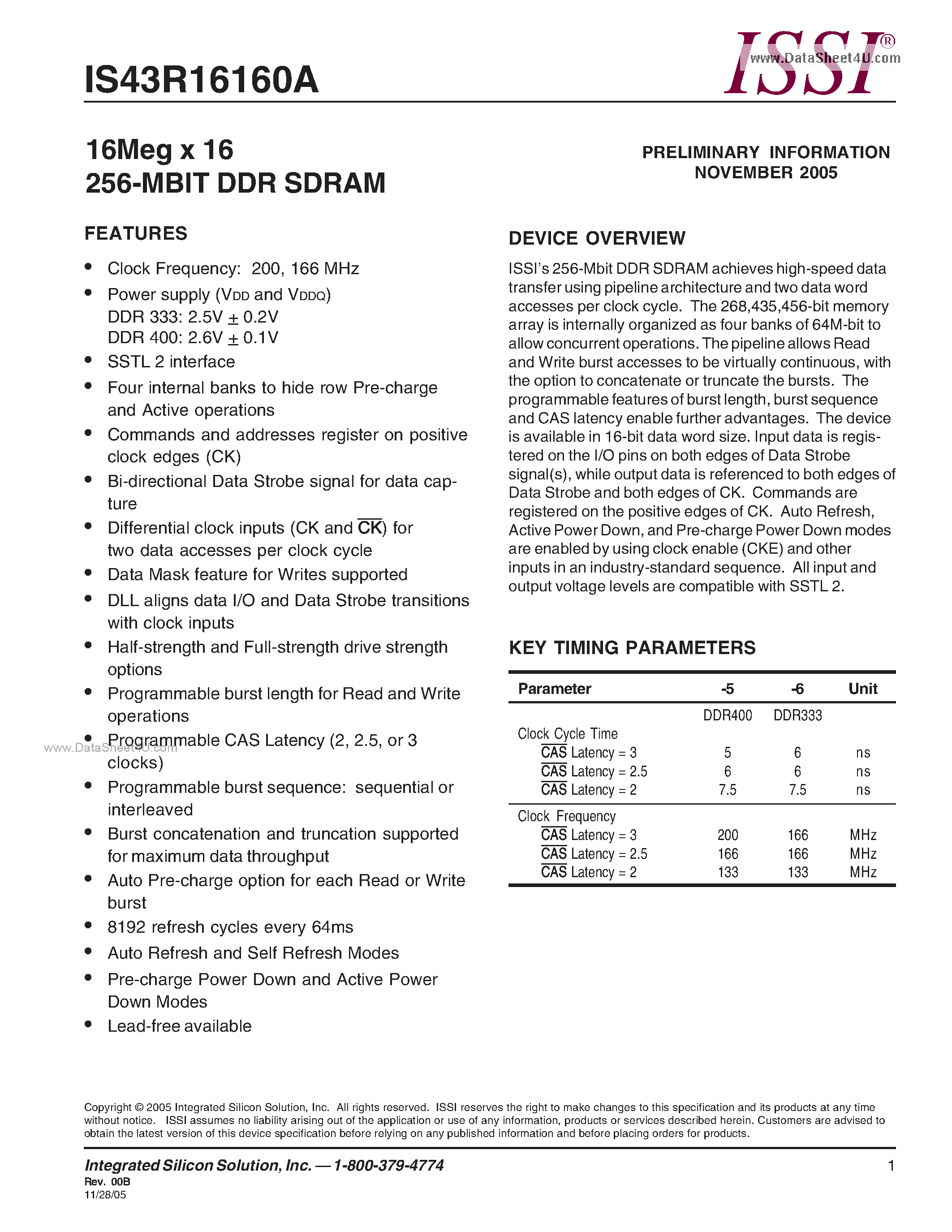 Даташит на микросхему IS43R16160A страница 1 Даташит IS43R16160A - 16Meg x 16 256-MBIT DDR SDRAM страница 1