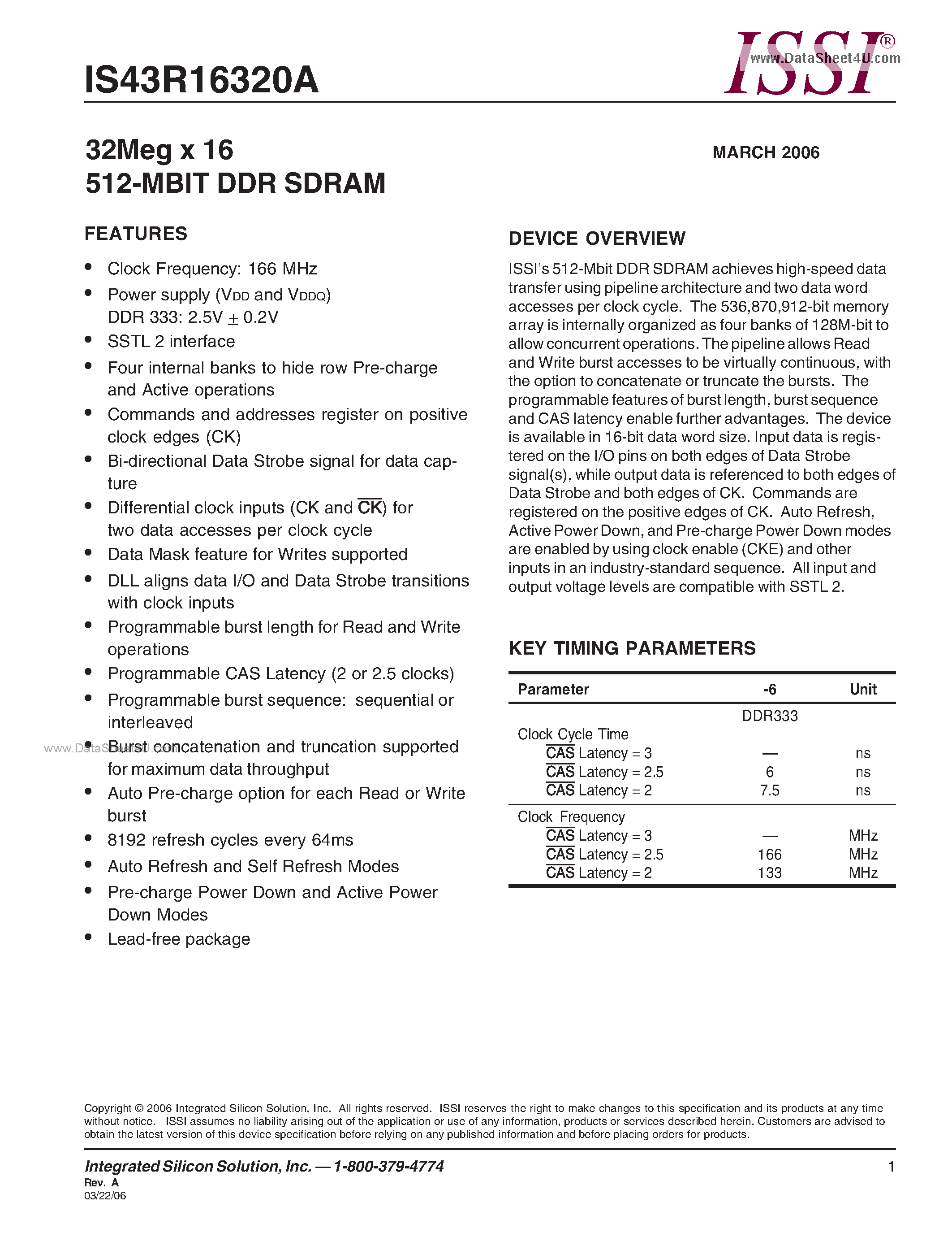 Даташит IS43R16320A - 32Meg x 16 512-MBIT DDR SDRAM страница 1