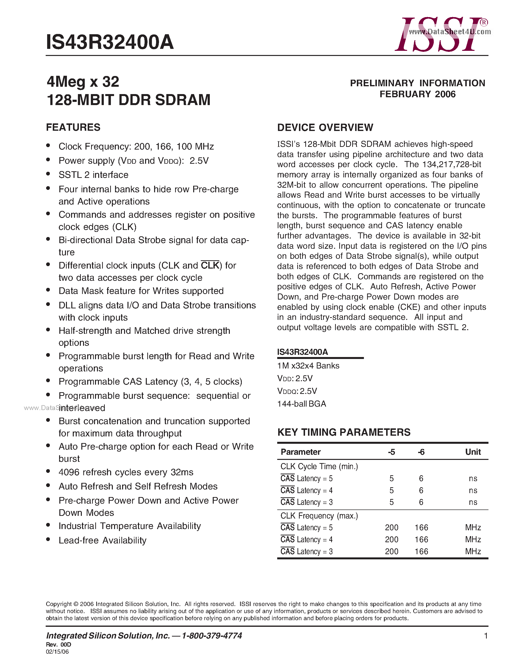 Даташит на микросхему IS43R32400A страница 1 Даташит IS43R32400A - 4Meg x 32 128-MBIT DDR SDRAM страница 1