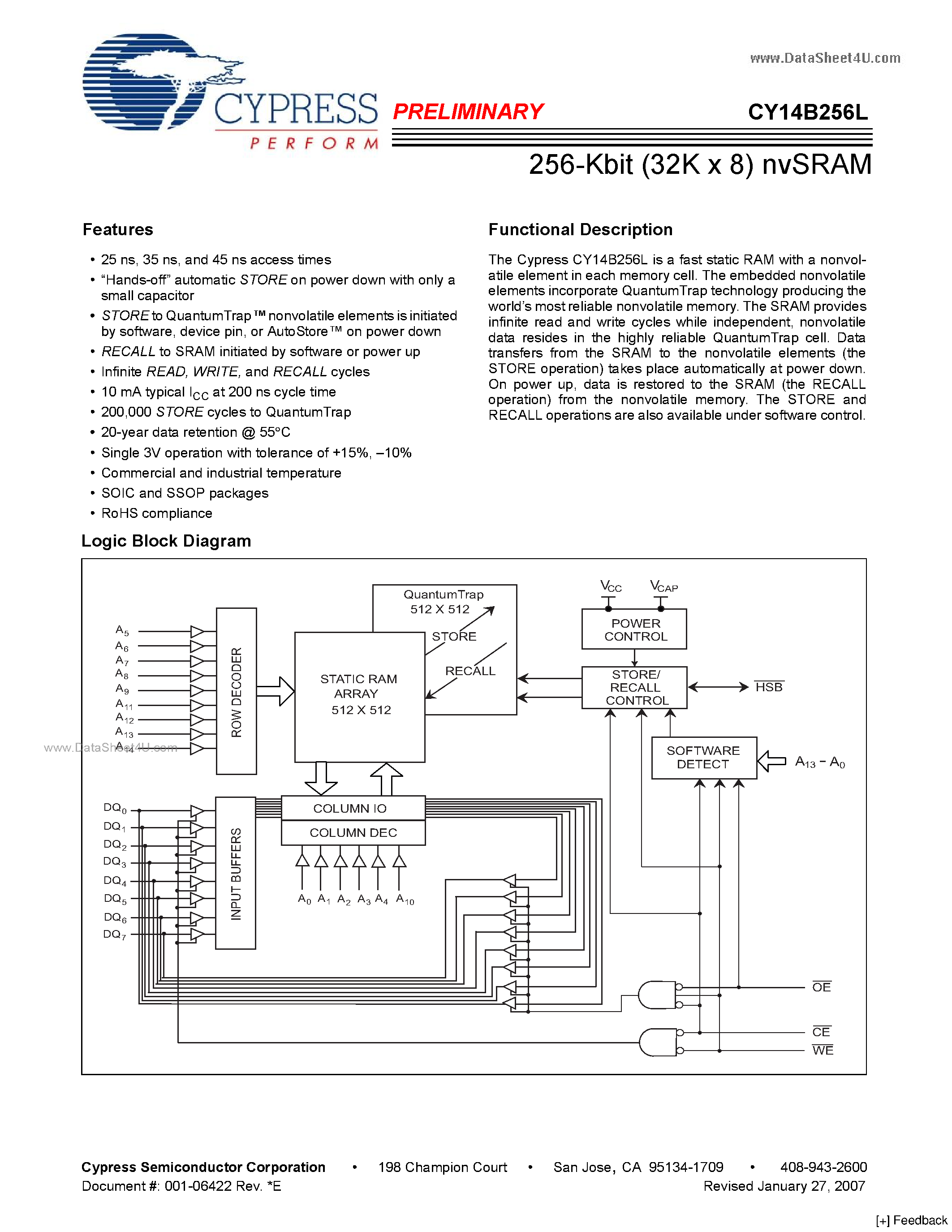 Даташит на микросхему CY14B256L страница 1 Даташит CY14B256L - 256-Kbit (32K x 8) nvSRAM страница 1