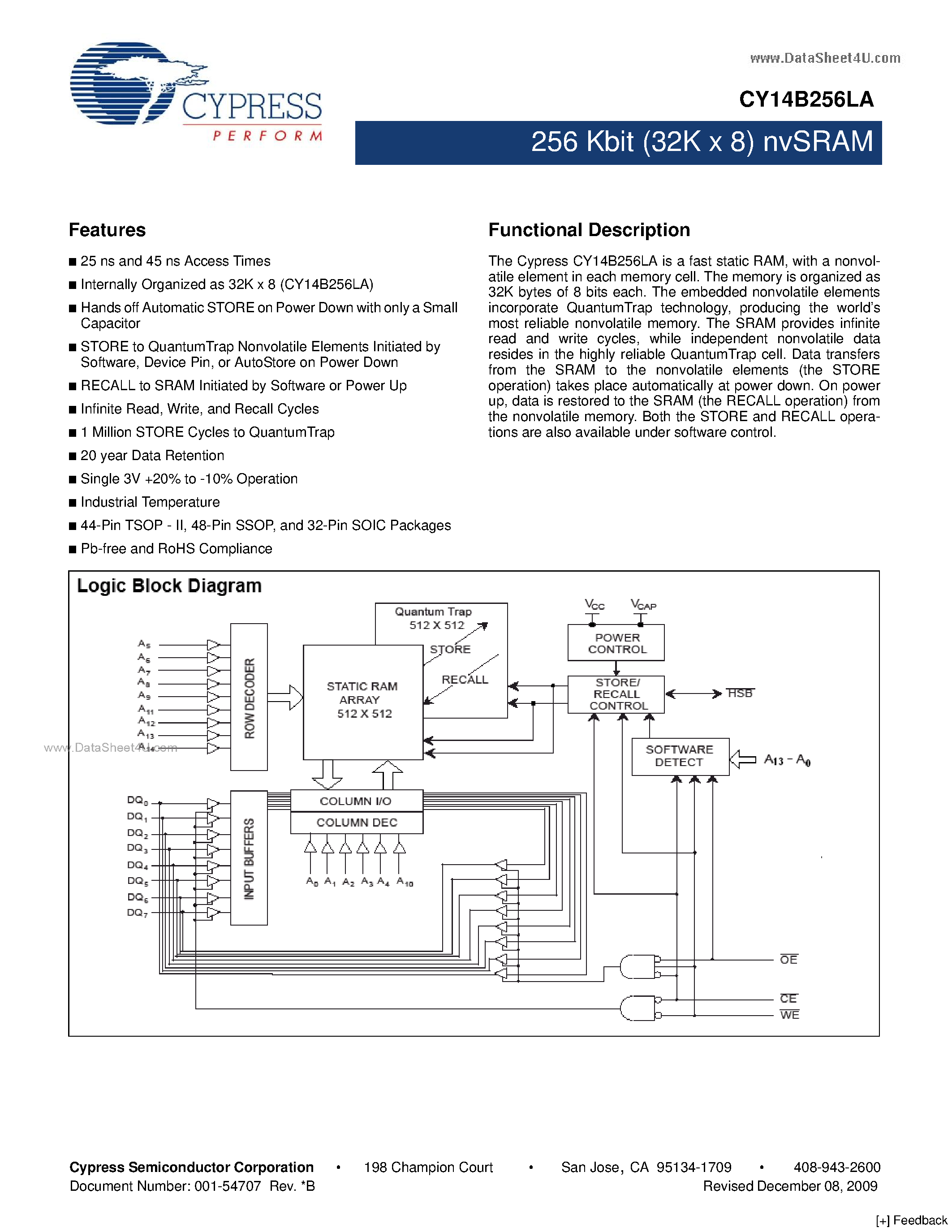 Даташит на микросхему CY14B256LA страница 1 Даташит CY14B256LA - 256 Kbit (32K x 8) nvSRAM страница 1