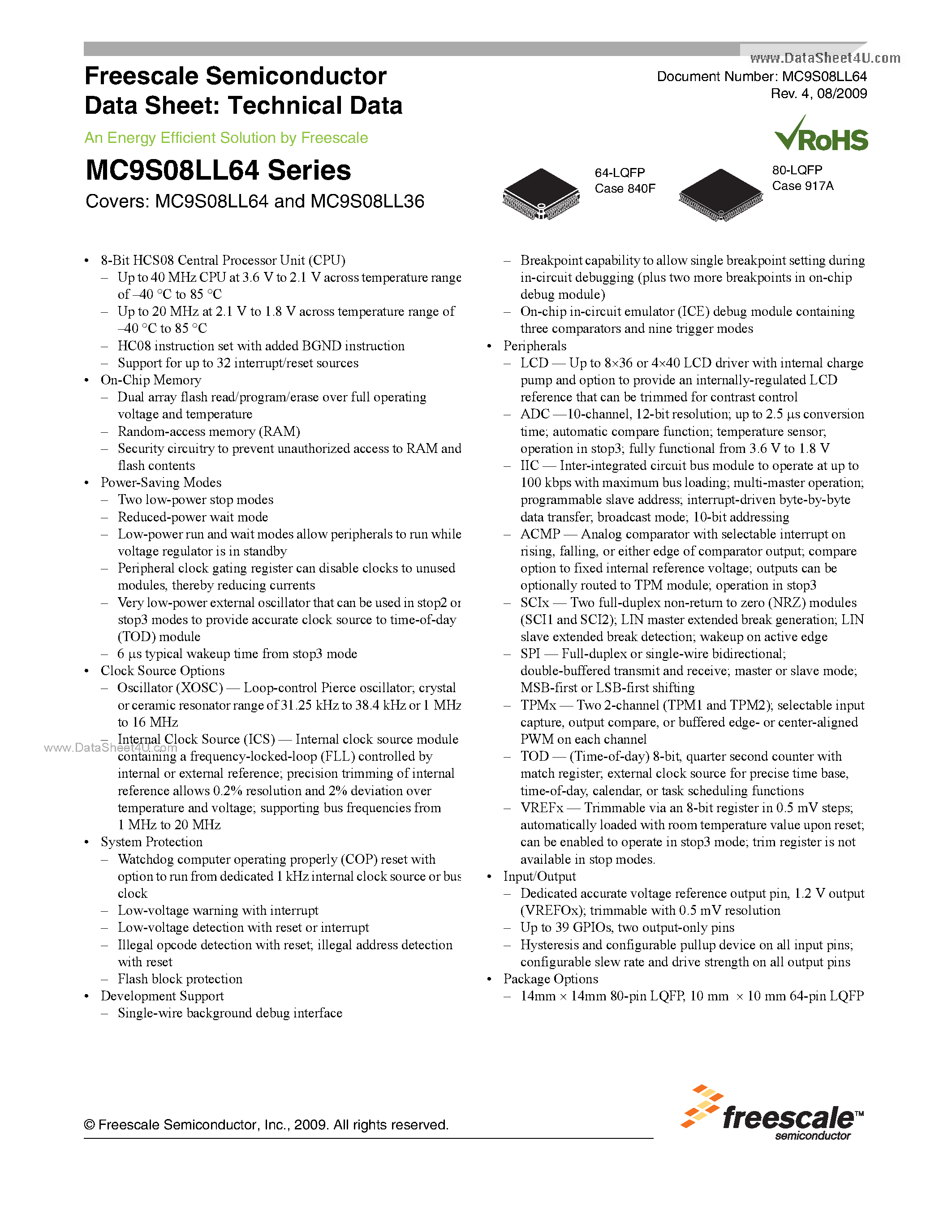 Datasheet MC9S08LL36 - (MC9S08LL36 / MC9S08LL64) 8-Bit HCS08 Central Processor Unit page 1