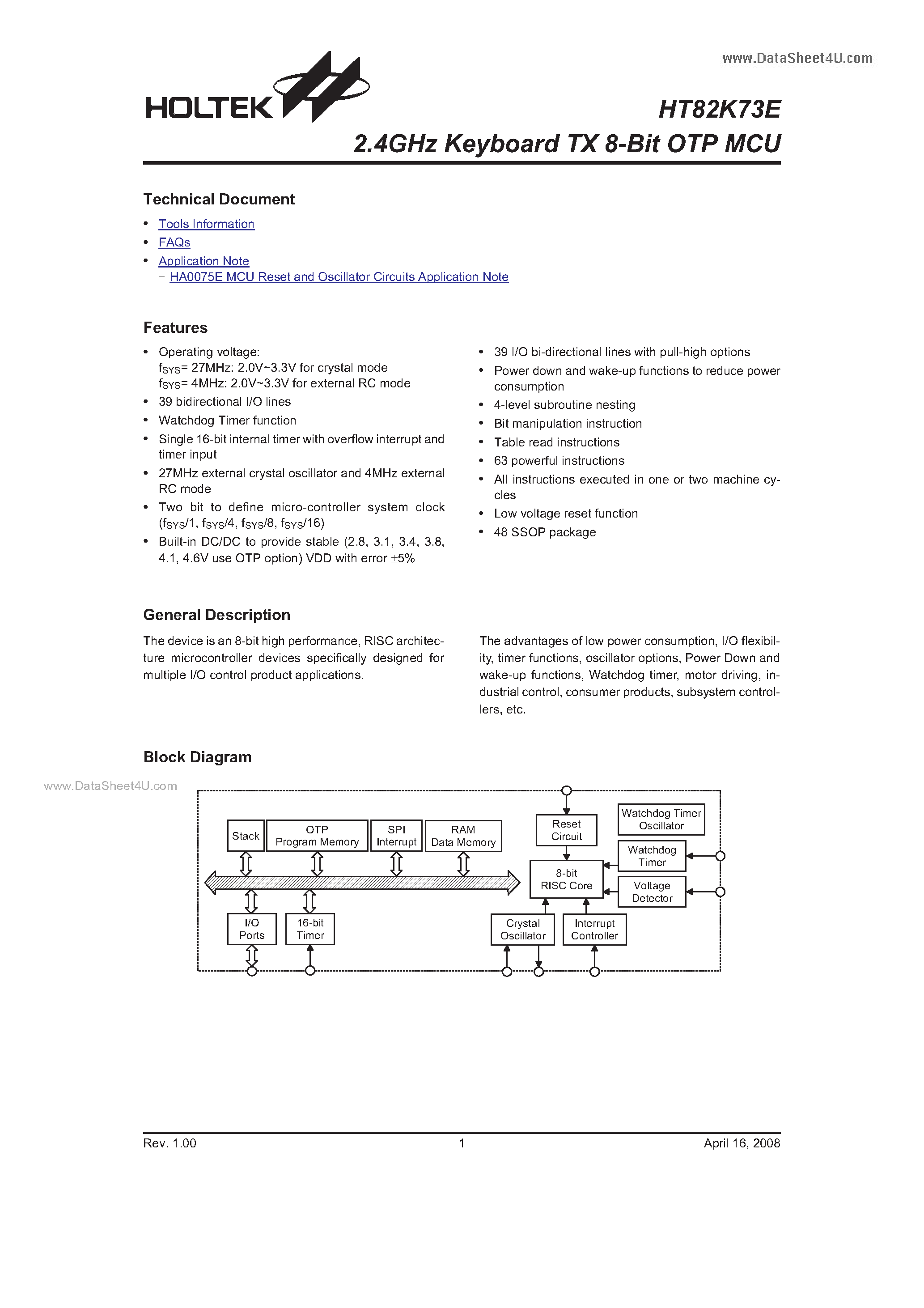 Datasheet HT82K73E - 2.4GHz Keyboard TX 8-Bit OTP MCU page 1