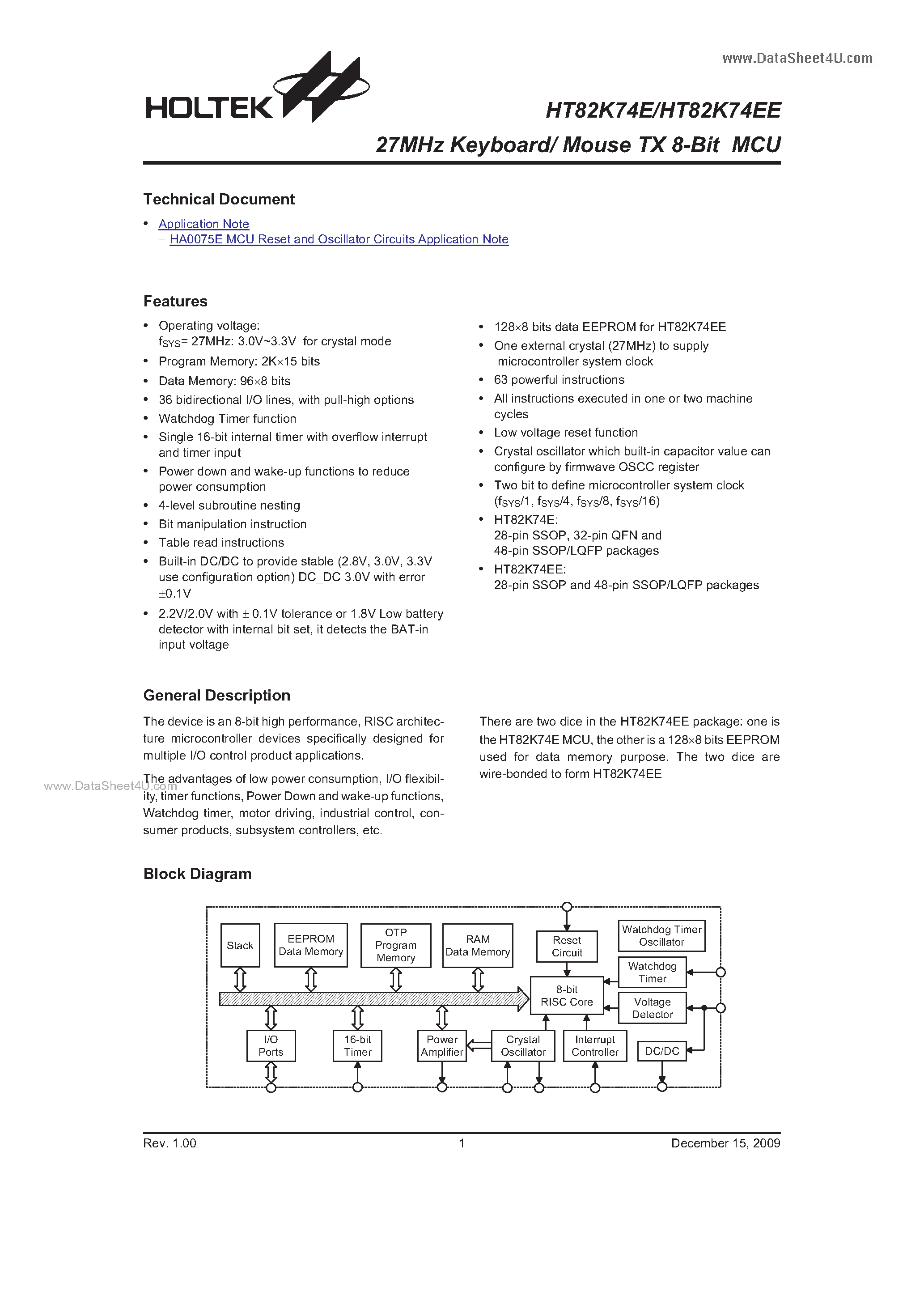 Datasheet HT82K74E - 27MHz Keyboard/ Mouse TX 8-Bit MCU page 1