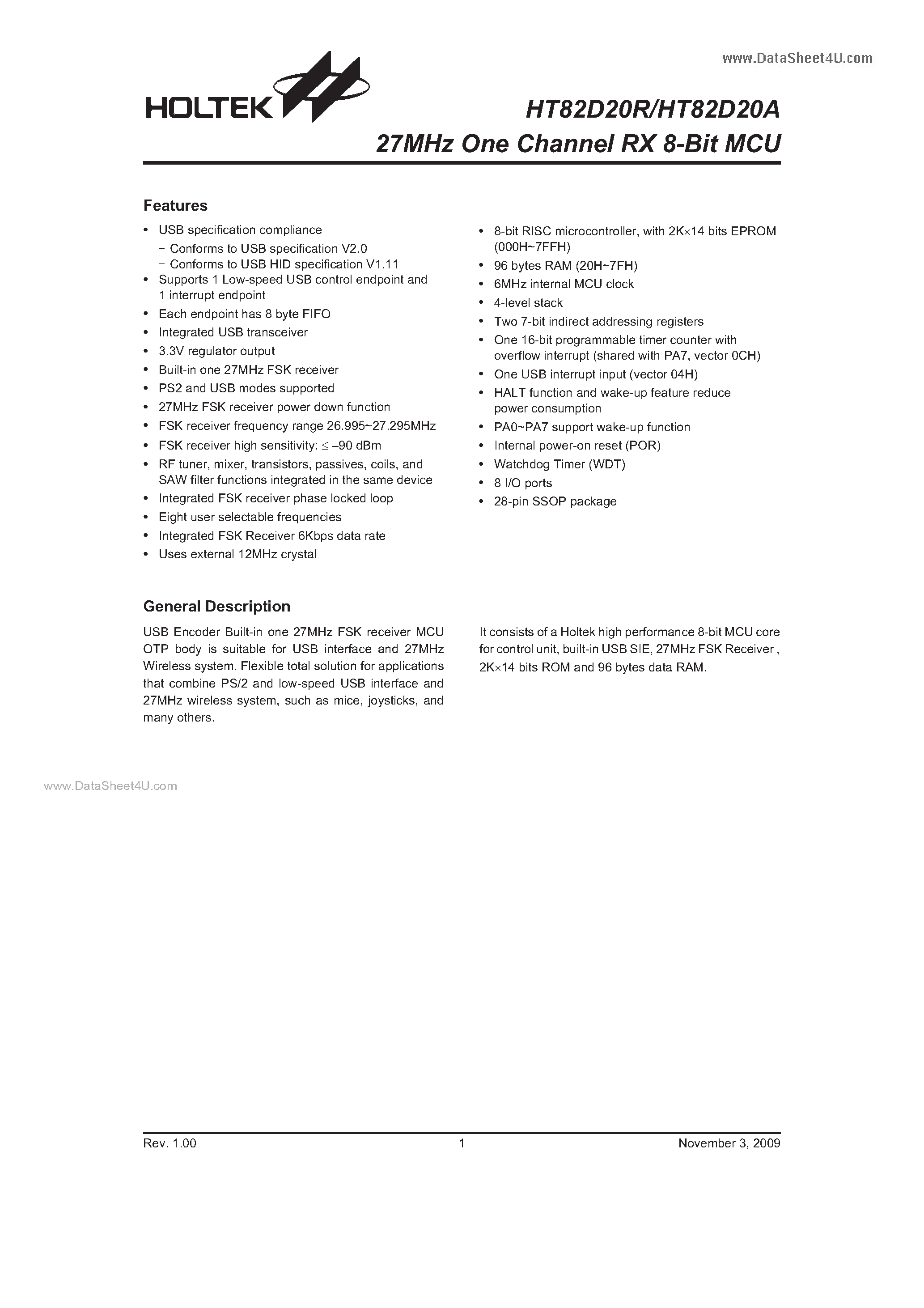 Datasheet HT82D20A - 27MHz One Channel RX 8-Bit MCU page 1