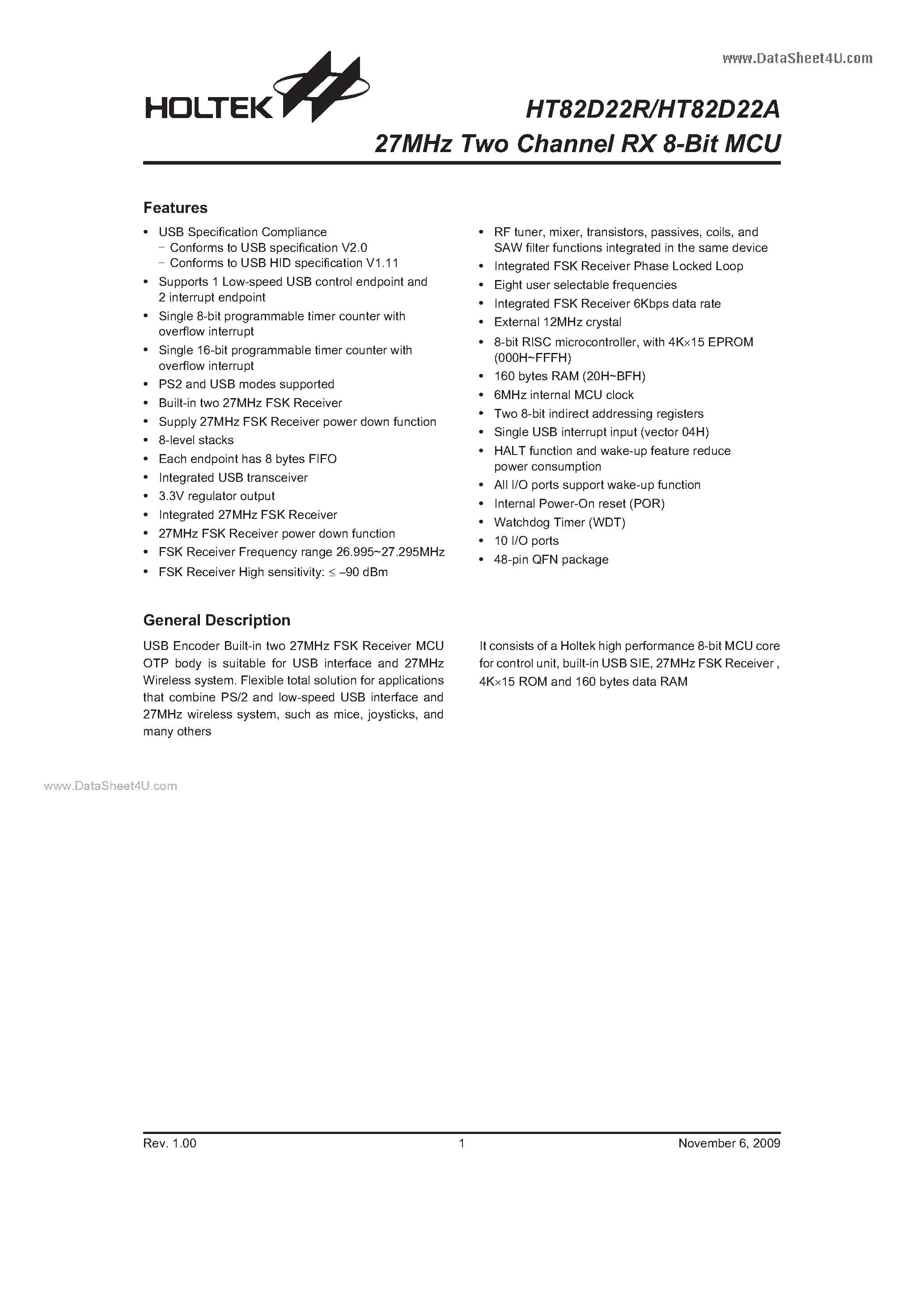 Datasheet HT82D22R - 27MHz Two Channel RX 8-Bit MCU page 1