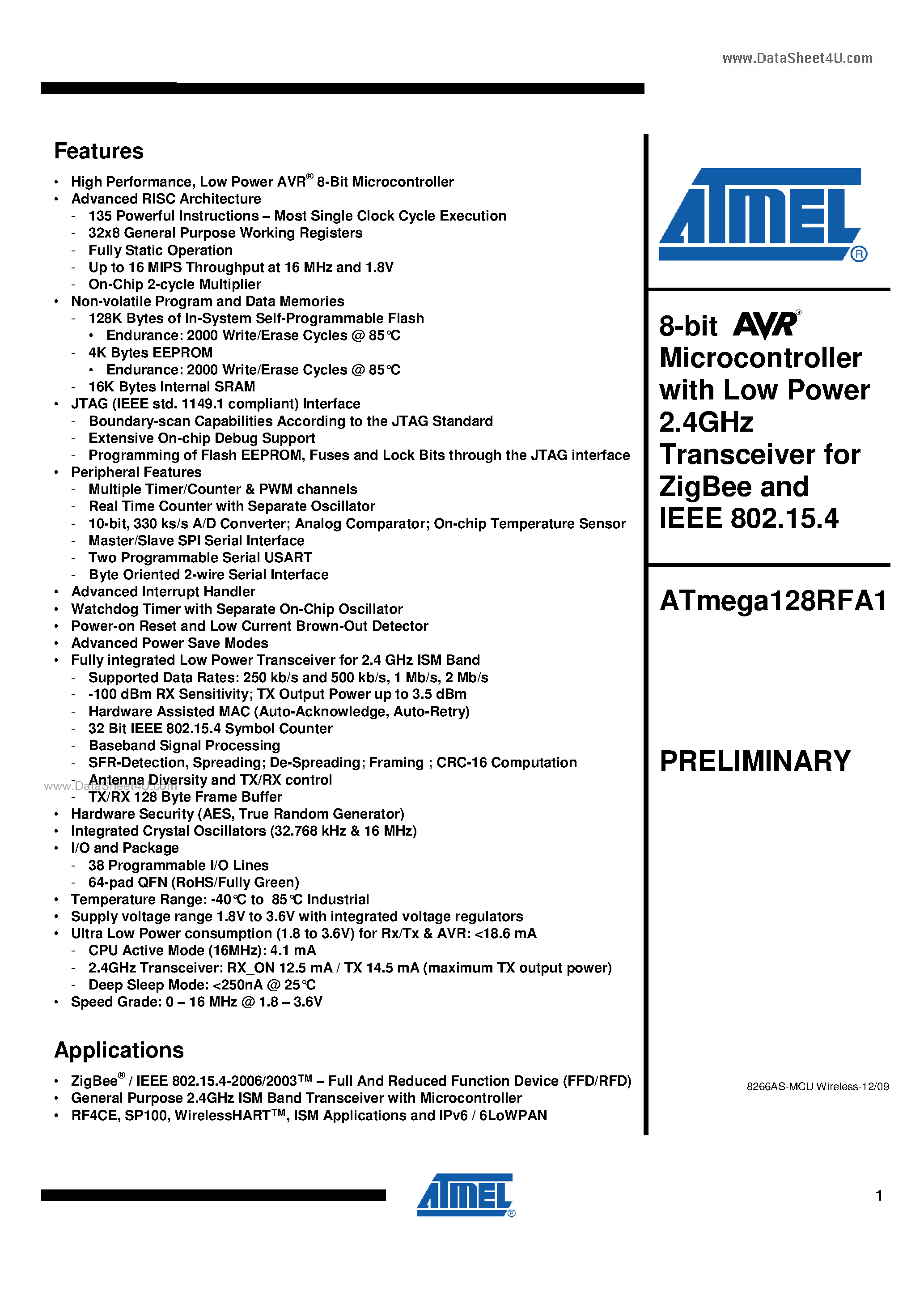 Даташит ATmega128RFA1 - AVR Microcontroller And Best-in-class 2.4GHz RF Transceiver страница 1