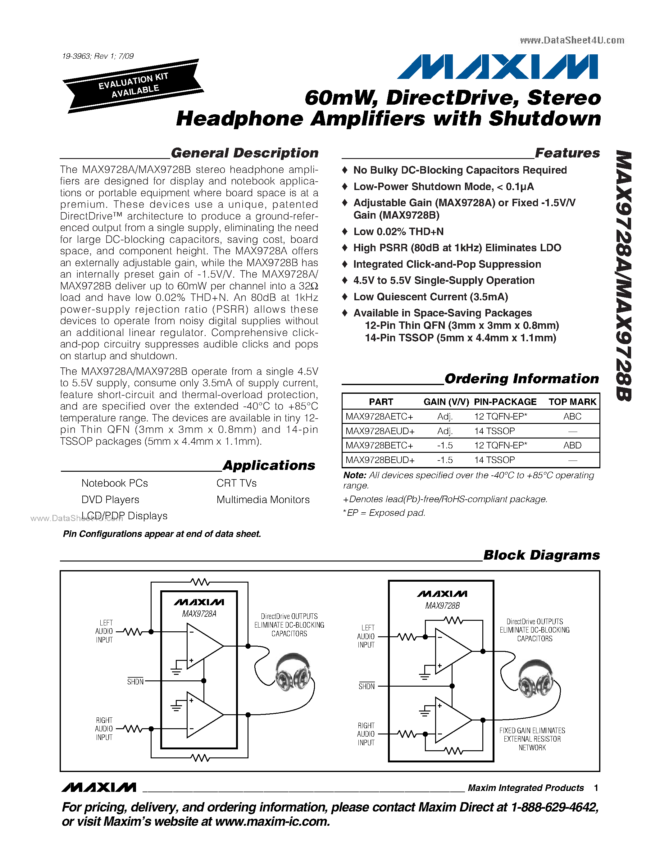 Даташит MAX9728A - Stereo Headphone Amplifiers страница 1