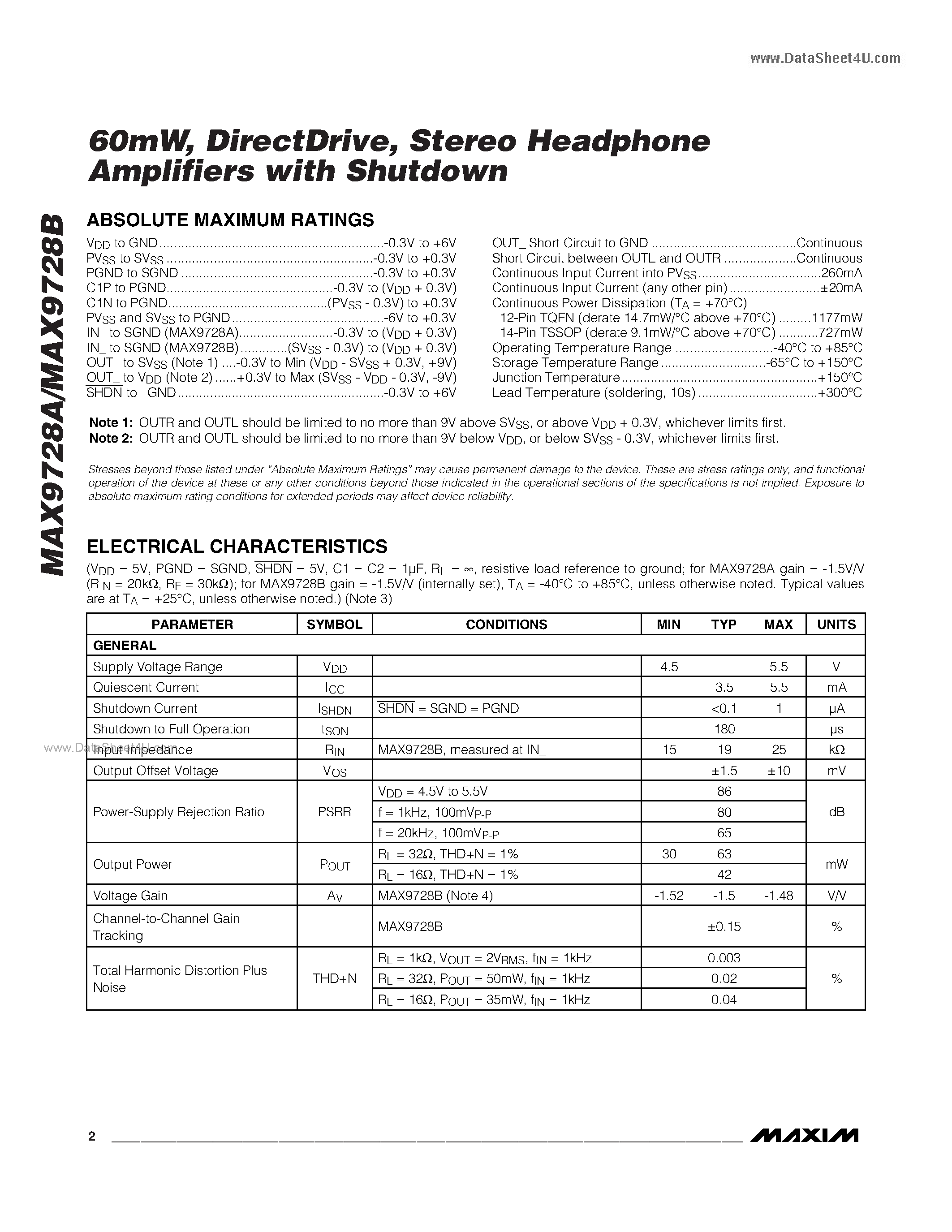 Даташит MAX9728A - Stereo Headphone Amplifiers страница 2