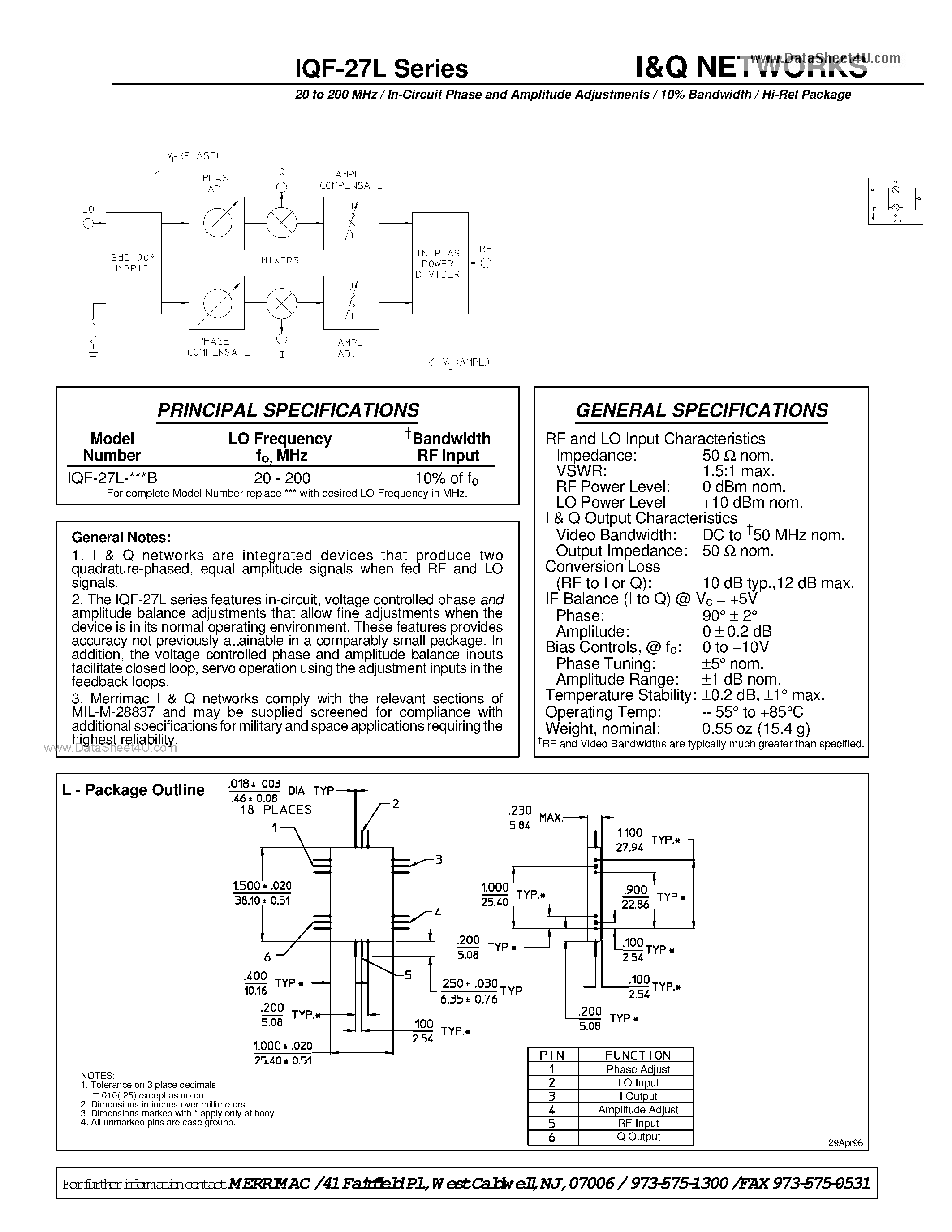 Даташит на микросхему IQF-27L страница 1 Даташит IQF-27L - I&Q NETWORKS страница 1