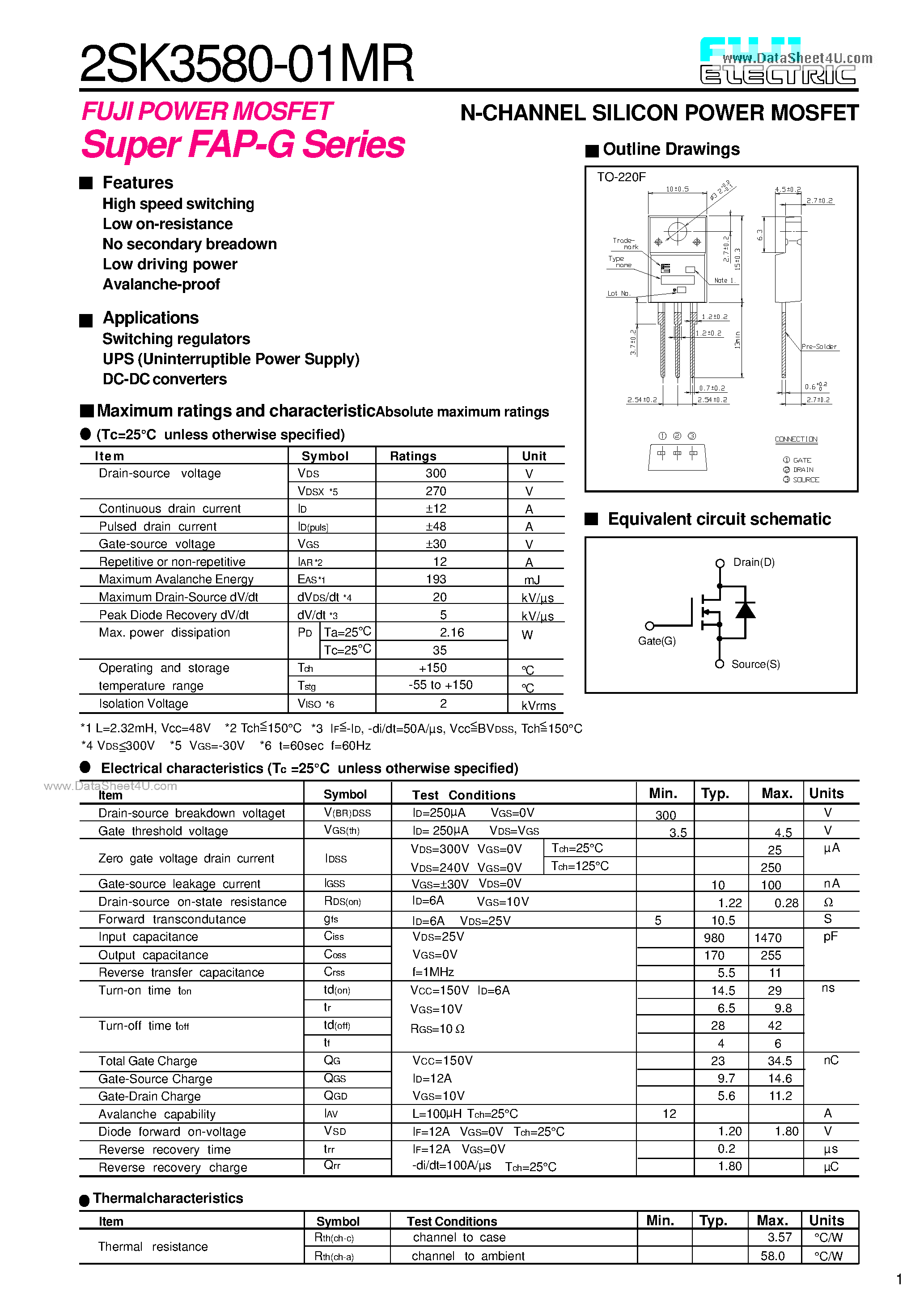 Datasheet 2SK3580-01MR - N-CHANNEL SILICON POWER MOSFET page 1
