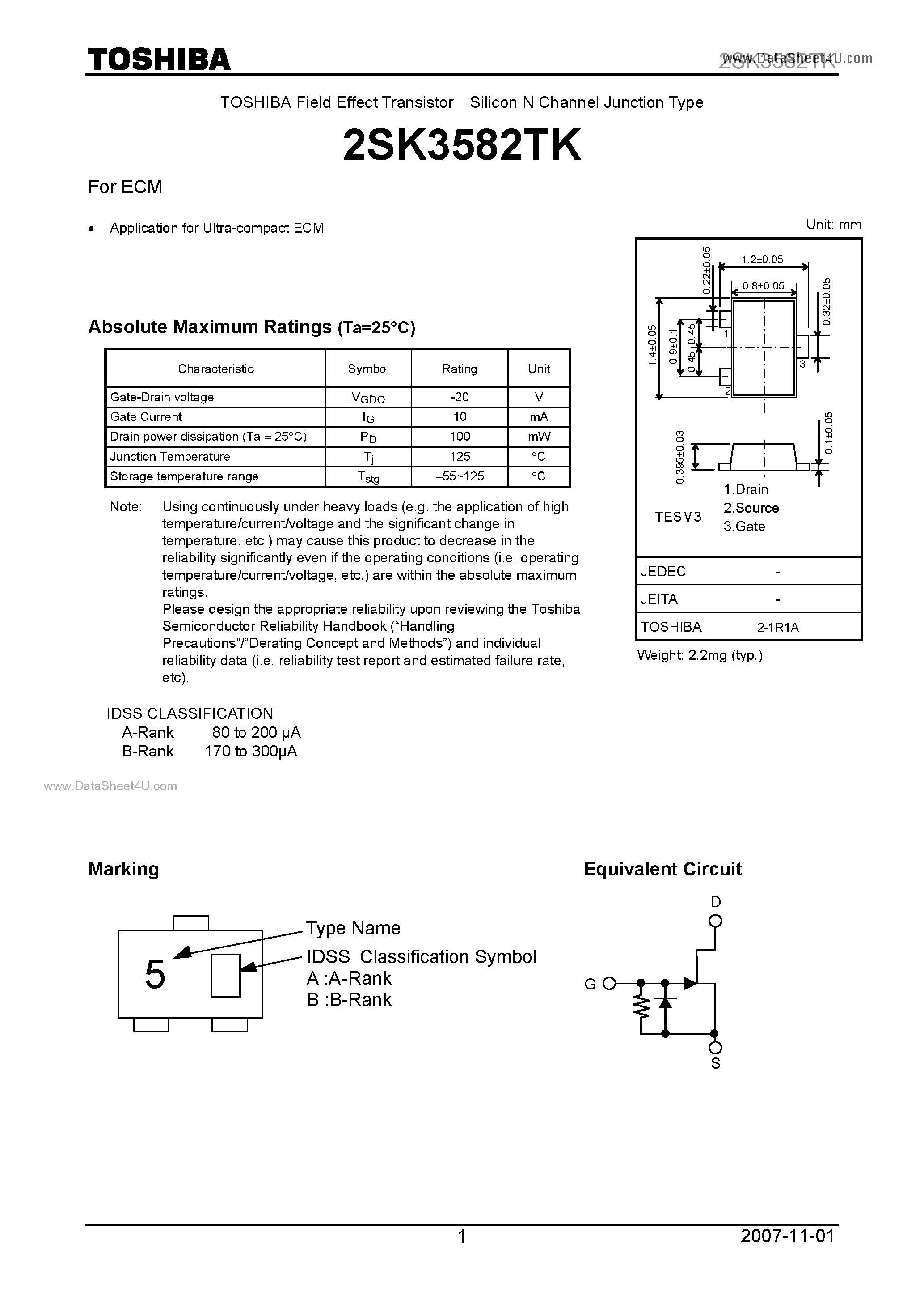 Datasheet 2SK3582TK - Field Effect Transistor Silicon N Channel Junction Type page 1