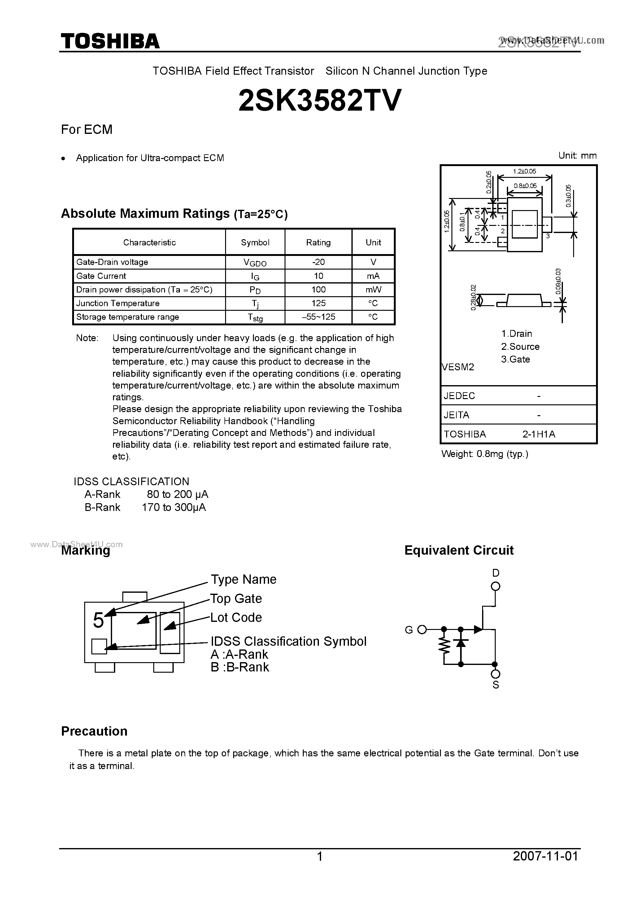 Datasheet 2SK3582TV - Silicon N Channel Junction Type page 1