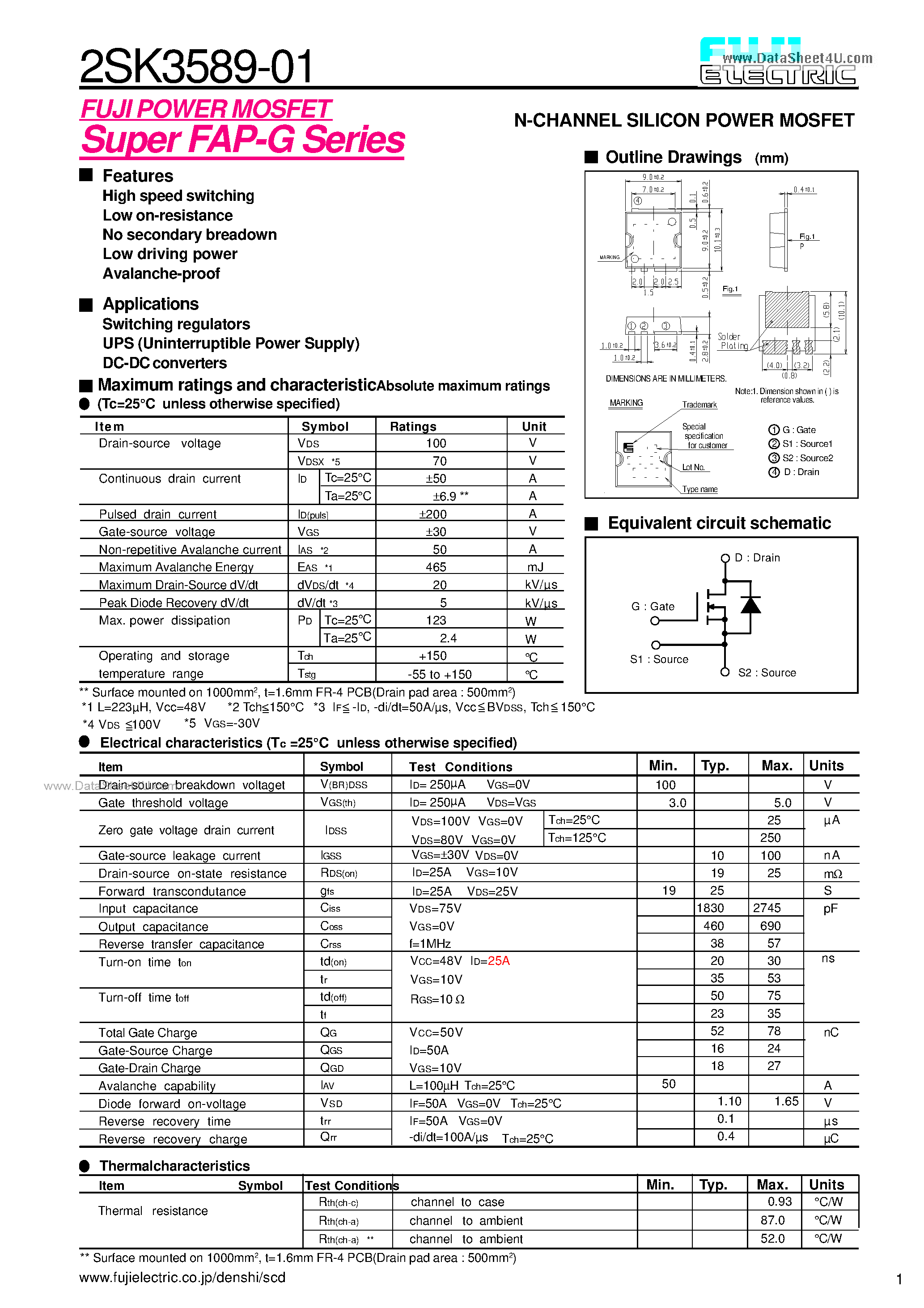 Datasheet 2SK3589-01 - N-CHANNEL SILICON POWER MOSFET page 1