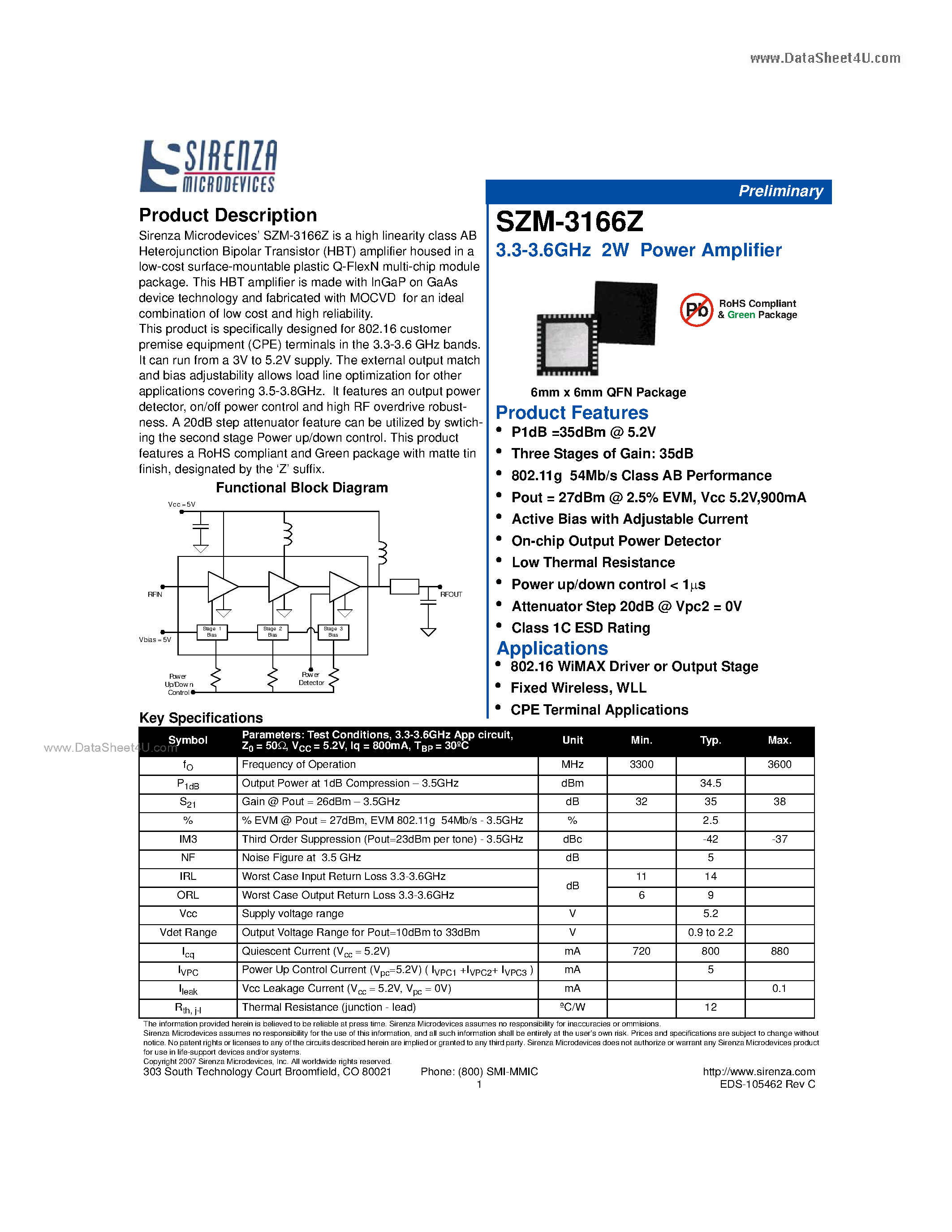 Datasheet SZM-3166Z page 1 Datasheet SZM-3166Z - 3.3-3.6GHz 2W Power Amplifier page 1