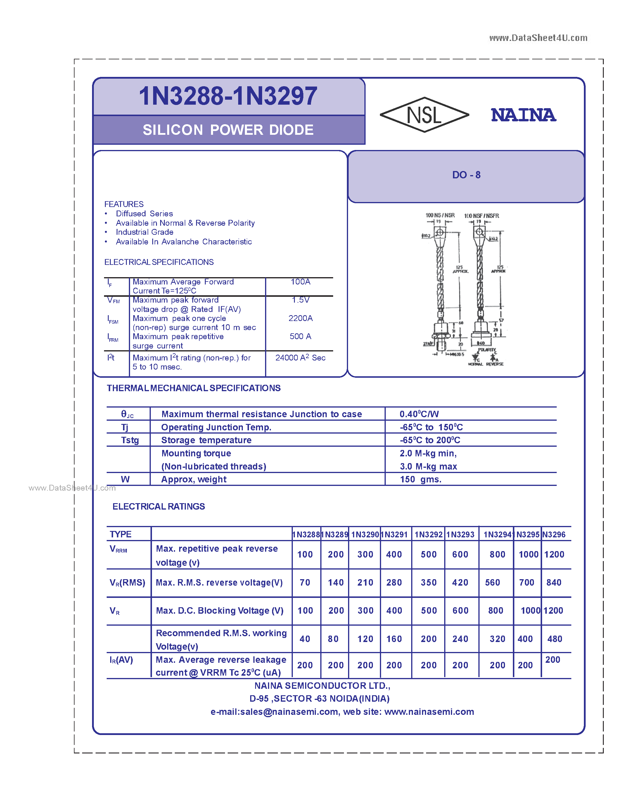Datasheet 1N3288 page 1 Datasheet 1N3288 - (1N3288 - 1N3297) SILICON POWER DIODE page 1