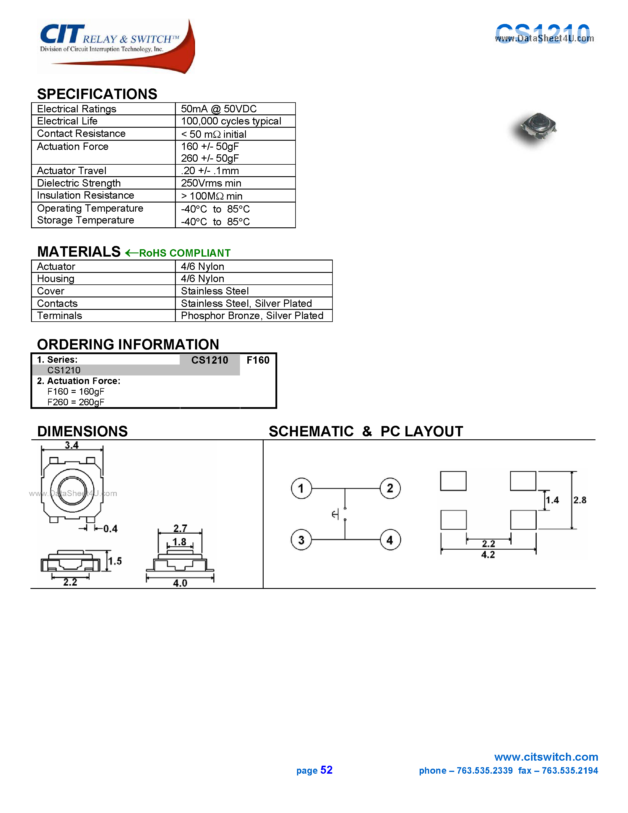 Даташит на микросхему CS1210 страница 1 Даташит CS1210 - CIT SWITCH страница 1