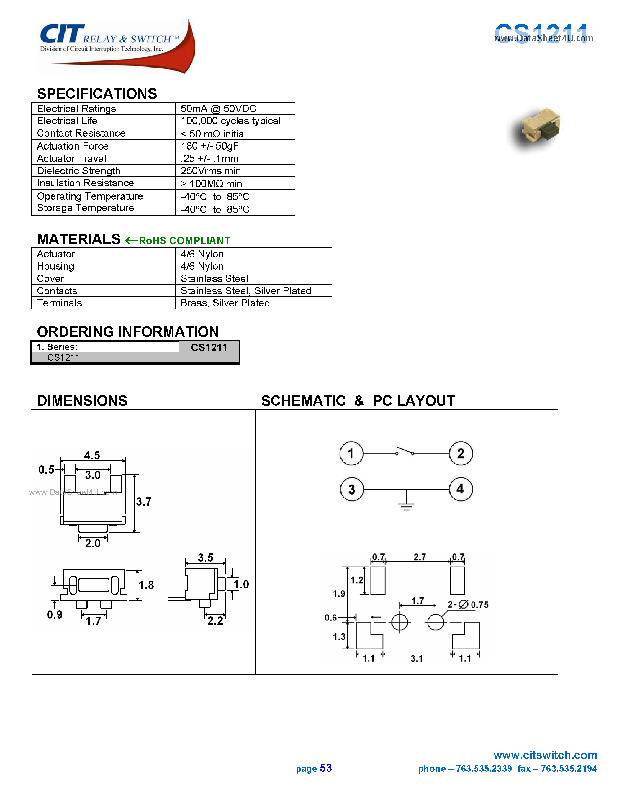 Даташит на микросхему CS1211 страница 1 Даташит CS1211 - CIT SWITCH страница 1