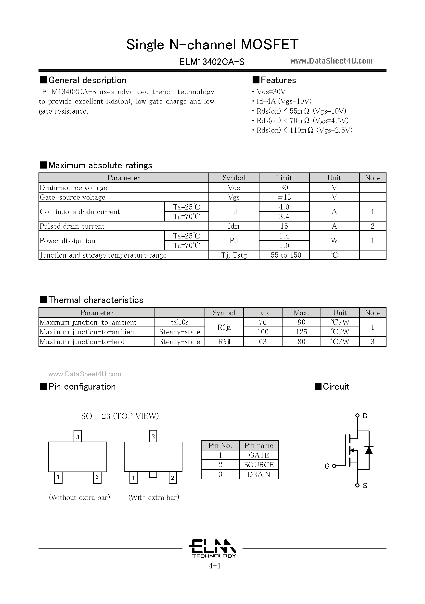 Datasheet ELM13402CA-S - Single MOSFET page 1