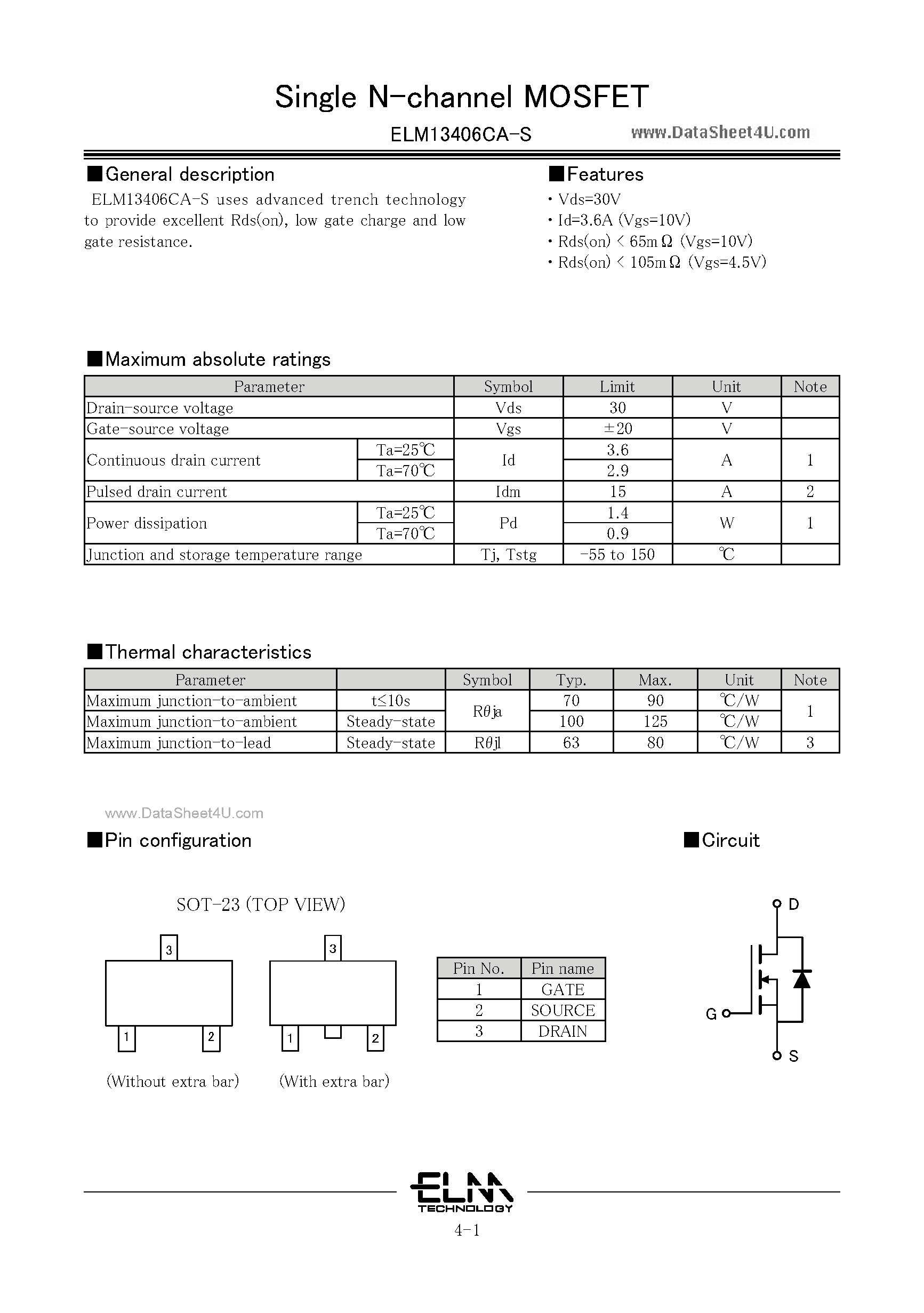 Datasheet ELM13406CA-S - Single MOSFET page 1